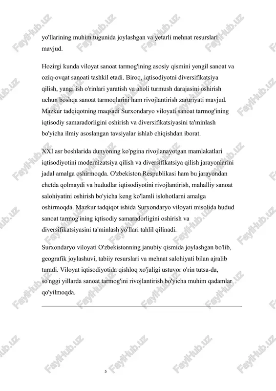 gi ekinlari uchun qulay iqlim · yetarli suv resurslari 3.2. aholining ijtimoiy-iqtisodiy holati surxondaryo viloyati aholisi taxminan 2.8 million kishini tashkil etadi. aholi jon boshiga yalpi hududiy mahsulot ko'rsatkichida viloyat o'zbekiston bo'yicha o'rtacha darajadan past ko'rsatkichga ega, bu esa qo'shimcha iqtisodiy rivojlanish chora-tadbirlariga ehtiyoj borligini ko'rsatadi. 3.3. viloyat iqtisodiyotining sektorlar bo'yicha tuzilishi hozirda sanoat ishlab chiqarish: yengil va oziq-ovqat sanoati, qishloq xo'jaligi: paxta va bugʻdoy yetishtirish, qoramolchilik va qoʻychilik, transport, ayniqsa, temiryoʻl va avtomobil transporti salmoqli oʻrin tutadi. iv bob. surxondaryo viloyati sanoatining hozirgi holati tahlili 4.1. sanoat korxonalarining tuzilishi va faoliyati surxondaryo viloyatida sanoat korxonalari asosan quyidagi yo'nalishlarda faoliyat yuritadi: · yengil sanoat (to'qimachilik va tikuvchilik) · oziq-ovqat sanoati · qurilish materiallari ishlab chiqarish · neft-gaz qazib olish va qayta ishlash · kimyo sanoati elementlari 4.2. sanoat ishlab chiqarish hajmlari va dinamikasi 2020-2024 yillar oralig'ida viloyat sanoat ishlab chiqarishi barqaror o'sish sur'atlarini ko'rsatdi. biroq, bu ko'rsatkichlar respublika o'rtacha darajasidan …