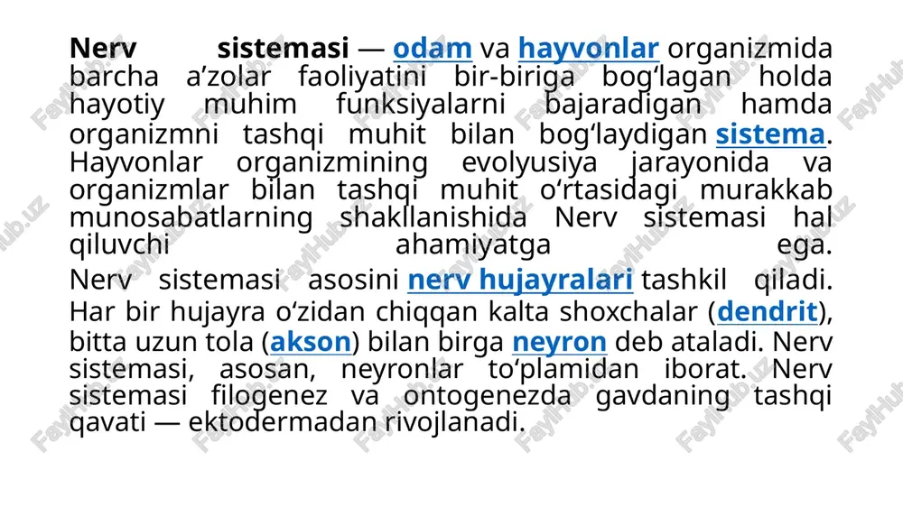 log’ida, so’zlar ma`nosi tushuniladigan nerv markazi bosh miya katta yarim sharlarining chakka qismida joylashgan. nerv markazlari qo’zg’alish, tormozlanish, uyg’unlashuv transformatsiya, mayinlik, kislorod tanqisligiga chidamsizlik, dominanta va irradiatsaya xususiyatlarga ega. 18 nerv hujayralari tashqi va ichki muhit omillari ta`sirida tinchlik xolatidan aktiv xolatga o’tish xususiyatiga ega. nerv hujayralarining muhim xususiyatlaridan biri ko’zg’alishdir. qo’zg’alish tufayli ta`sirga tezda javob reatsiyasi paydo bo’ladi. o’zgarish vaqtida tuqimada funktsional, fizik-kimyoviy xodisalar sodir bo’ladi. nerv tizimining xar bir sohasi tashqaridan bo’lgan ta`sirga qo’zg’alish yoki tormozlanish bilan javob kaytaradi. nerv tizimida qo’zg’alish jarayoni tormozlanish jarayoni bilan almashinib turadi, ya`ni qo’zg’alish tormozlanishga, tormozlanish esa qo’zg’alishga o’tib turadi. qo’zg’alishning nerv tizimi-markazlarida tarqalishi irradiatsiya deyiladi. markaziy nerv tizimida bir gurux neyronlar yoki ayrim nerv markazlari ko’zg’alganda, ikkinchi nerv markazlari tormozlangan xolda bo’ladi. odamda ham bir qancha reflekslarni ko’rish mumkin. masalan, chiroq ravshan yoqib yuborilganda qorachig’ torayadi (qorachig’ refleks); oyoqning tagini qitiqlash, silash yoki unga igna sanchish oyoq panjasi va barmoqlarining bukilishiga …