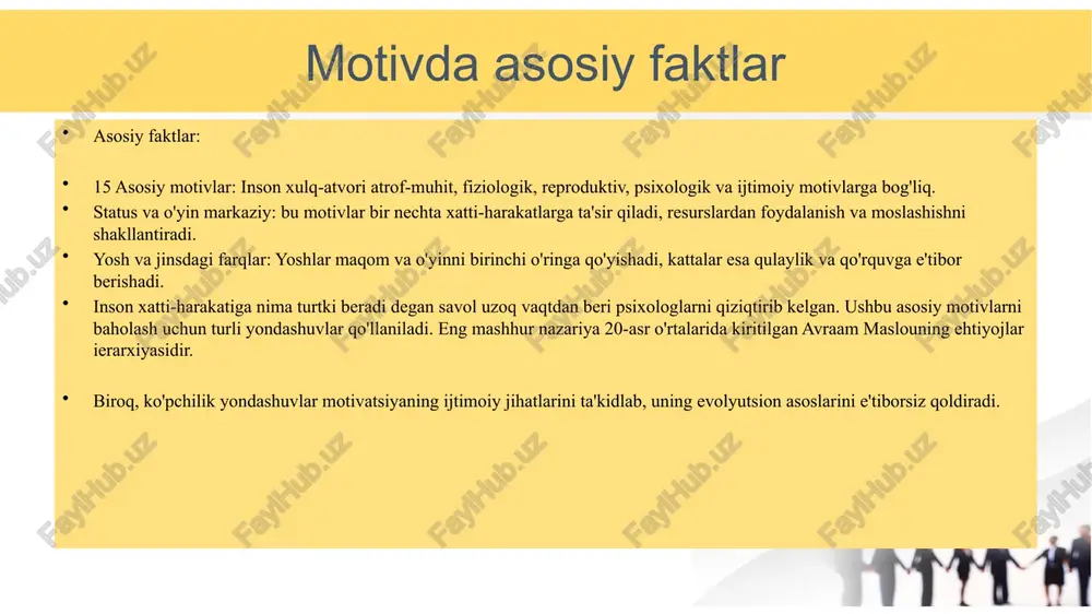 adi. yutuq, kuch, yopilish, ma'no va o'z-o'zini hurmat qilish ehtiyojlari kabi. ushbu ehtiyojlarning ba'zilari biz bajaradigan barcha ichki harakatlar kabi motivlarga aylanadi. bizning atrof-muhitimiz va ijtimoiy kontekstimiz tashqi motivatsiya nuqtai nazaridan muhim rol o'ynaydi. bizni maqsadlar, qadriyatlar va muayyan yakuniy holatlar bilan bog'liq bo'lgan o'ziga xos his-tuyg'ularni boshdan kechirish istaklari ham rag'batlantiradi motivatsiya turlari, natijalari va o`ziga xos jihatlari motivatsiya jadvalda: mashq qilish sabablari motivatsiya turi haqiqiy hayotdan misollar 1. o'yin-kulgi, zavq ichki motivatsiya bolalar shunchaki zavqlanish uchun yugurishadi, sakrashadi va quvlashadi. 2. shaxsiy muammo oqim ijrochilar o'zlarining izlanishlari o'zlarining mahoratlarini eng yaxshi tarzda sinab ko'rganlarida "zonada" olishadi. 3. bunga majbur tashqi tartibga solish sportchilar mashq qiladilar, chunki murabbiylari shunday qilishni buyuradi. 4. maqsadga erishish maqsad yuguruvchilar olti daqiqa yoki undan kamroq vaqt ichida bir mil yugurishga intiladi. 5. sog'likka foyda qiymat bemorlar vazn yo'qotish yoki yurakni mustahkamlash uchun mashq qiladilar. 6. ilhom mumkin o'z-o'zidan odamlar boshqalarning mashq qilishini kuzatadilar …