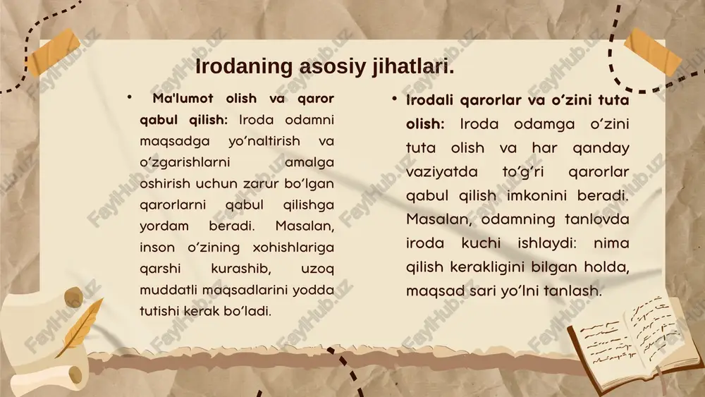 ssiya yoki ansiyete (havotirlik), iroda kuchini kamaytirishi mumkin. bunday holatlarda, iroda zaiflashishi va odamning motivatsiyasi tushib, harakat qilishda qiynalishi mumkin. psixoterapiya, maslahatlashuv yoki farmakoterapiya orqali iroda kuchini tiklash mumkin. xulosa psixologiyada iroda — bu insonning maqsadga erishish uchun qat'iyat bilan harakat qilish, o‘z xohishlari va istaklarini boshqarish, shuningdek, ichki qarshiliklar va tashqi to‘sqinliklarga qarshi turish qobiliyatidir. iroda kuchi motivatsiya, qarorlar qabul qilish va maqsadga erishishda muhim rol o‘ynaydi. irodali insonlar, ko‘pincha, o‘z maqsadlariga erishishda yanada muvaffaqiyatli bo‘lishadi, chunki ular qiyinchiliklarga qarshi turish va o‘zlarini boshqarish qobiliyatiga ega. thank you! image9.png image10.svg image11.png image12.svg image13.png image14.svg image15.png image16.svg image17.png image18.svg image1.jpeg image2.png image3.svg image4.png image5.svg image6.png image7.png image8.svg image19.png image20.svg image21.png image22.png image23.png image24.png image25.png image26.png image27.svg image28.png image29.svg /docprops/thumbnail.jpeg