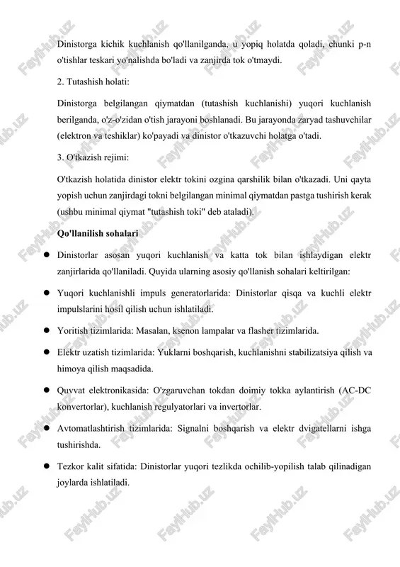 r ac zanjirlarni boshqarish foydalanilgan adabiyot va saytlar: 1. "elektronika asoslari" - toshkent davlat texnika universiteti darsligi 2. muhammad rafiyev, "yarimo'tkazgichli elektronika" 3. smith, h. “thyristor principles” – mcgraw-hill publishing, 2015 4. https://ru.wikipedia.org › wiki › dinistor 5. https://ru.wikipedia.org › wiki › simistor image1.png image2.png image3.jpeg /docprops/thumbnail.wmf tiristorlarning tuzilishi va ishlash prinsipini tadqiq qilish bo ’ yicha ishlanma reja: 1. kirish. 2. tiristor larning tuzilishi , ishlash prinsipi va qo'llanilishi . 3. d enistor larning tuzilishi , ishlash prinsipi va qo'llanilishi . 4. semistor tuzilishi , ishlash prinsipi va qo'llanilishi . 5. ularning farqlari.