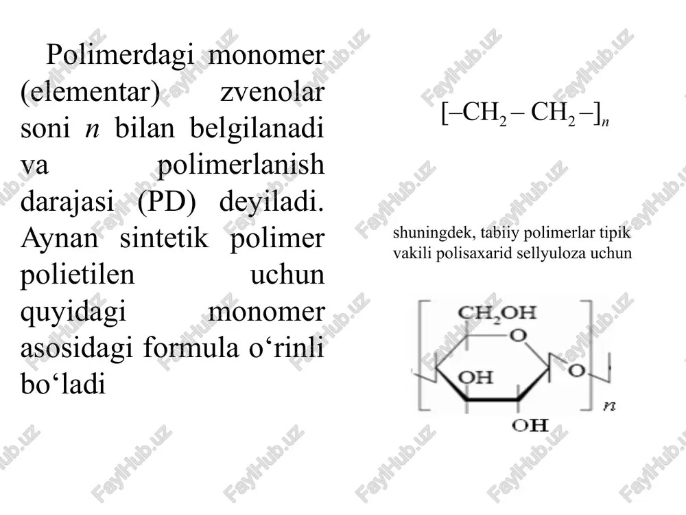 onuniyatlari va mexanizmlari murakkab bo‘lib, unda oraliq faol markazlar turli shakllarda bo‘lishi mumkin: erkin ionlar, ion juftligi, polyarizatsion komplekslar va sh.k. zanjirli ion polimerlanish ikki tipga bo‘linadi: kationli va anionli. kationli polimerlanish jarayonida o‘sayotgan zanjirning reaksion qobiliyatli uchi musbat zaryadlangan bo‘ladi: ~ mn+ + m → ~ mn++ 1 anionli polimerlanish jarayonida o‘sayotgan zanjirning reaksion qobiliyatli uchi manfiy zaryadlangan bo‘ladi: ~ mn- + m → ~ mn- + 1 steroregulyarlik. polimer zanjirida monomer zvenolar turli xil fazoviy konfiguratsion shaklga ega bo‘ladi. konfiguratsiya tushunchasi atomlarni zanjirdagi geometrik joylashishini anglatadi va uni faqat kimyoviy bog‘larni uzish yoki qayta tiklash orqali o‘zgartirish mumkin. turli xil ketma-ketlikda birikish imkoniyatidan monomer zvenolarining faqat bir xil konfiguratsiyasi takrorlansa yoki bir necha konfiguratsiyalar ma’lum bir qonuniyat asosida takrorlansa polimerlanish stero o‘ziga xoslik deyiladi va polimer steroregulyar deb yuritiladi. radikal va ion polimerlanishda steroregulyarlik holati kuzatiladi. polimerlanishda monomer zvenolar “boshga bosh” yoki “boshga dum” holatlarida birikishi mumkin. bunday …