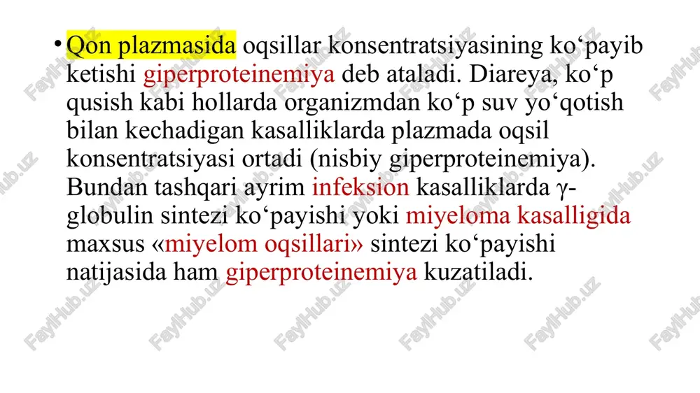 i tomondan gemoglobinning peptid zanjirlari faqat gem ishtirokida sintezlanadi. demak, gemoglobinning gem va polipeptid qismlari bir-biri sintezini nazorat qiladi. gemoglobin tarkibidagi temir fe+2 ko`rinishida bo`ladi. kislorod va boshqa oksidlovchi moddalar ta’sirida gemoglobin tarkibidagi temir oksidlanib, fe+3 holatiga o`tishi mumkin. bunday gemoglobinga metgemoglobin deyiladi. metgemoglobin kislorod bilan birikmaydi. qon tarkibida metgemoglobinni ortiqcha to`planishi kislorodni to`qimalarga tashilishini izdan chiqaradi, bu esa o`limga olib keladi. organizmda har kuni gemoglobinning 0,5% i metgemoglobinga aylanadi, buning samarasida kislorodni faol shakllaridan biri – superoksid ioni hosil bo`ladi. metgemoglobinreduktaza metgemoglobinni qaytadan normal gemoglobinga aylantiradi. tibbiyot amaliyotida metgemoglobinreduktazani faolligini irsiy pasayishi natijasida vujudga keladigan oilaviy metgemoglobinemiya kasalligi uchraydi. ushbu holat pentozofosfat yo`lining birinchi fermenti glyukozo-6- fosfatdegidrogenaza faolligini irsiy past bo`lishi tufaylidir. mazkur sifatdagi odamlarni oksidlovchi moddalar ta’siriga sezgirligi ko`proq. temir almashinuvi odam organizmida hammasi boʻlib 5-6 g temir boʻladi: shulardan 65-70% gemoglobin tarkibida, 20 %ga yaqini mioglobin tarkibida, 10-15 % jigar, taloq, koʻmikda zahira holatda boʻladi, u faqat …