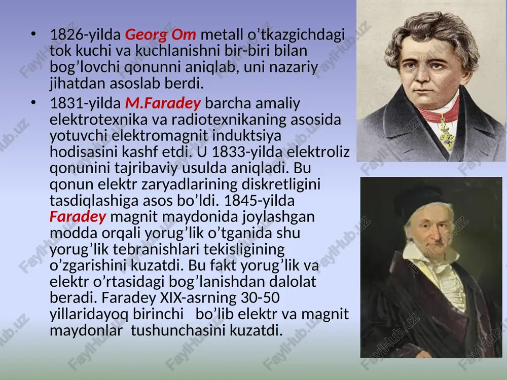 ik koeffitsienti bo’lib, uning son qiymati tanlanadigan birliklar sistemasiga bog’liq. f - markaziy (ya’ni, o’zaro ta’sirlashuvchi zaryadlarni birlashtiruvchi to’g’ri chiziq bo’ylab yo’nalgan) kuch bo’lib, turli ishorali zaryadlar uchun tortishish (f 0) xususiyatini namoyon qiladi. kulon qonunining vektor ko’rinishi quyidagicha: q2 zaryad tomonidan q1 zaryadga ta’sir etuvchi kuch.r12 - esa shu zaryadlarni birlashtiruvchi radius-vektor bo’lib, uni modul shaklida ifodalash mumkin. q1 zaryad q2 zaryadga kuch bilan ta’sir qiladi. xulosa: nuqtaviy elektr zaryadlar orasidagi ta’sirlashuv n’yutonning uchinchi qonuniga muvofiq tarzda sodir bo’ladi. proportsionallik koeffitsientining si dagi qiymati quyidagicha teng: shuni e’tiborga olib, kulon qonunining yakuniy ifodasini quyidagicha yozamiz. bunda – elektr doimiy. kuchlanganlik chiziqlari. elektrostatik maydonni grafik yordamida tasvirlash uchun kuchlanganlik chiziqlaridan foydalaniladi. bu har bir nuqtasiga o’tkazilgan urinma shu nuqtadagi maydon kuchlanganlik vektori bilan ustma - ust tushuvchi chiziqdir. maydon kuchlanganligi har bir nuqtada faqat birgina yo’nalishga ega bo’lgani uchun ham kuchlanganlik chiziqlari kesishmaydi. kuchlanganlik chiziqlarining zichligini mos tarzda o’zgartirish orqali …