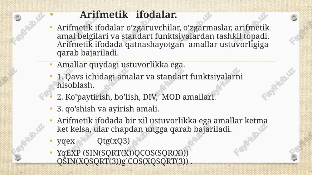 qabul qiladigan qiymatlar toifasi beriladi.keyinchalik dastur bajarilish jarayonida tavsiflangan o’zgaruvchiga boshqa toifadagi qiymat berilsa bu xato deb hisoblanadi. alohida o’zgaruvchini tavsifi quydagicha bo’ladi: : misol: x,y,r,h: real; bu tavsif ish jarayonida 4 ta x,y,z,h nomli xaqiqiy o’zgaruvchichilarni kiritiyapti o’zgaruvchilar bo’limi var ( varible o’zgaruvchi) xizmatchi so’z bilan boshlanadi. ::q var ; ::q , : misol.var i, j,k: interger; x, h ,sum, way: real; day: ma’lumotlarning aralsh toifasi reja: 1.aralash toifa- yozuvlar haqida tushincha. 2.yozuvlarni tavsiflash. 3.yozuv elementi va uning ustida bajariladigan amallar. 4.with-birlashtirish operatori. .biz avvalgi ma'ruzalarda ma'lumotlarning murakkab toifasida massivlar bilan tanishgan edik. massivlar yordamida bir toifaga tegishli bo’lgan ma'lumotlarni ifodalash mumkin edi. amaliyotda iqtisod va axborotni qiyta ishlash masalalarini echishda ma'lum turdagi hujjatlarni, kataloglar, ro’yxatlar,vedomoslar ishlatiladi. masalan talabalarning anketa ma'lumotlari:familiyasi, ismi, otasini ismi, turar joy, tuglgan yili, mutaxassisligi, gurux raqami va hokazo.bu hollarda turli toifadagi ma'lumotlarni bir gurihga birlashtirish zaruriyati tugiladi. bizning misolimizda bu ma'lumotlarni talaba gurihiga birlashtirish …