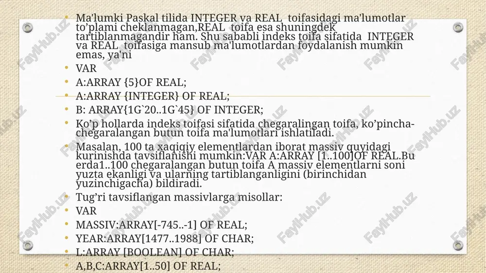 r 5ta ustundan iborat(3x5) ikki o’lchamli massiv sifatida tavsiflangan. v massiv tavsifinimas toifasini ko’rsatmasdan bir muncha soddalashtirish mumkin, type matrqarray [1..3] of mas; var a: mas; b: matr; agar ko’rsatilgan toifa dasturda bitta massivni aniqlash uchun ishlatilayotgan bo’lsa, massivni o’zgaruvchilar bo’limida e'lon qilish maqsadga muvvofiq bo’ladi. image3.png /docprops/thumbnail.jpeg