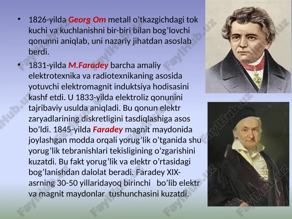 ik koeffitsienti bo’lib, uning son qiymati tanlanadigan birliklar sistemasiga bog’liq. f - markaziy (ya’ni, o’zaro ta’sirlashuvchi zaryadlarni birlashtiruvchi to’g’ri chiziq bo’ylab yo’nalgan) kuch bo’lib, turli ishorali zaryadlar uchun tortishish (f 0) xususiyatini namoyon qiladi. kulon qonunining vektor ko’rinishi quyidagicha: q2 zaryad tomonidan q1 zaryadga ta’sir etuvchi kuch. r12 - esa shu zaryadlarni birlashtiruvchi radius-vektor bo’lib, uni modul shaklida ifodalash mumkin. q1 zaryad q2 zaryadga kuch bilan ta’sir qiladi. xulosa: nuqtaviy elektr zaryadlar orasidagi ta’sirlashuv n’yutonning uchinchi qonuniga muvofiq tarzda sodir bo’ladi. proportsionallik koeffitsientining si dagi qiymati quyidagicha teng: shuni e’tiborga olib, kulon qonunining yakuniy ifodasini quyidagicha yozamiz. bunda – elektr doimiy. kuchlanganlik chiziqlari. elektrostatik maydonni grafik yordamida tasvirlash uchun kuchlanganlik chiziqlaridan foydalaniladi. bu har bir nuqtasiga o’tkazilgan urinma shu nuqtadagi maydon kuchlanganlik vektori bilan ustma - ust tushuvchi chiziqdir. maydon kuchlanganligi har bir nuqtada faqat birgina yo’nalishga ega bo’lgani uchun ham kuchlanganlik chiziqlari kesishmaydi. kuchlanganlik chiziqlarining zichligini mos tarzda o’zgartirish …