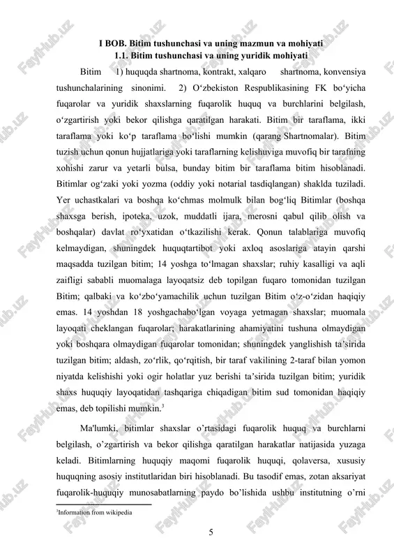 ligi mazkur tushunchani bitim deb baholashga sabab bo’ladi. o’zbekiston respublikasi fuqarolik kodeksining (fk) 101-moddasiga ko’ra, bitimlar deb, fuqarolar va yuridik shaxslarning fuqarolik huquq va burchlarini belgilash, o’zgartirish va bekor qilishga qaratilgan harakatlarga aytiladi. bitim va shartnoma o’rtasida muayyan bir farqlar mavjud. bitim to’g’risida fkning 101-moddasida berilgan ta'rifda u bitim tuzuvchilarning harakatlaridan iborat ekanligi belgilangan. shartnoma esa fkning 353-moddasiga asosan ikki yoki bir necha shaxsning kelishuvi natijasida yuzaga keladi. demak, shartnoma va bitim o’rtasidagi farqlardan biri shundaki, bitim harakatdan kelib chiqsa, shartnomada ushbu harakatning o’zi kifoya bo’lmay, ikki yoki undan ortiq shaxsning kelishuvi ham talab etiladi. shartnomalarga ham fkning 9-bobida nazarda tutilgan ikki va ko’p taraflama bitimlar to’g’risidagi qoidalar qo’llaniladi (fk 353-moddasining ikkinchi qismi). ushbu normada shartnoma va bitim o’rtasidagi nisbat berilgan. ushbu nisbat qadimgi rim tsivilistlarining «har qanday shartnoma bitimdir, biroq har qanday bitim shartnoma emas», degan qarashida yaqqol ifodalangan. bitimlar doirasi shartnoma doirasiga nisbatan kengroqdir. bir taraflama bitimlar hech …