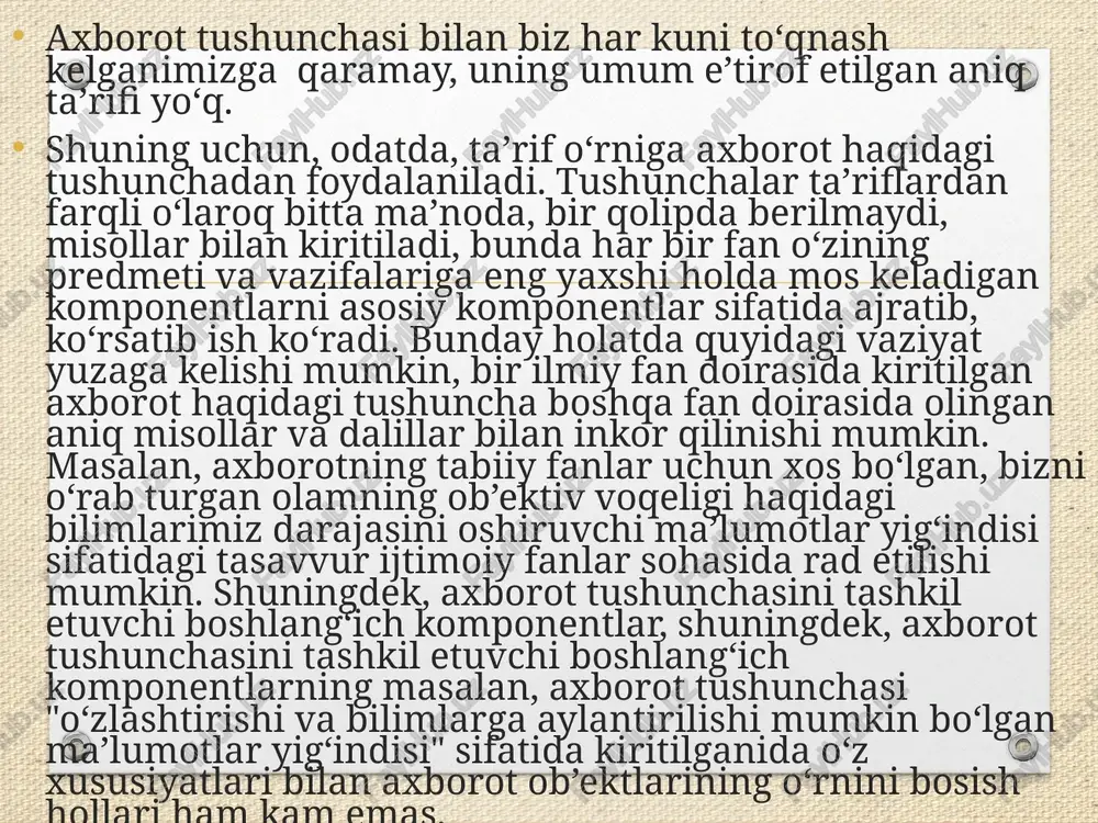 strukturalash-bu ob'ektlar va ma'lumotlarning o’zaro bog’lanishi tasvirlash usullari haqidagi kelishuvni kiritishdir. 1-misol: strukturalanmagan ma'lumotlar. shaxsiy ish №16493; aliev karim ergashevich; tug’ilgan sana 1 yanvar 1979 yil; shaxsiy ish №16498; boqiev dilmurod raxmatullaevich; tug’ilgan sana 5 dekabr 1985 yil; shaxsiy ish №16595; zokirov anvar rashidovich; tug’ilgan sana 15 may 1984 yil. 2-misol: strukturalangan ma'lumotlar. shaxsiy ishi. № familiyasi ismi otasining ismi tug’ilgan sana 16493 aliyev karim ergashevich 01.01.79 16498 boqiyev dilmurod raxmatullaevich 05.12.85 16595 zokirov anvar rashidovich 15.05.84 zamonaviy mo texnalogiyasida moni yaratish, unga xizmat ko’rsatish va foydalanuvchilarni mo bilan ishlashiga imkon yaratish maxsus dasturiy uskunalar yordamida amalga oshiriladi. bunday dasturiy uskunalar yordamida amalga oshiriladi. bunday dasturiy uskunalar majmuasi ma'lumotlar omborini boshqarish tizimlari (mobt) deb ataladi. mobt-moni yaratish, uni dolzarb xolatda ushlab turish, kerakli axborotni topishni tashkil etish va boshqa xizmat ko’rsatish uchun zarur bo’ladigan dasturiy va til vositalari majmuasidir. mobt misoli sifatida quydagilarni keltirish mumkin: -dbasedasturi; -microsoft access; -microsoft for …