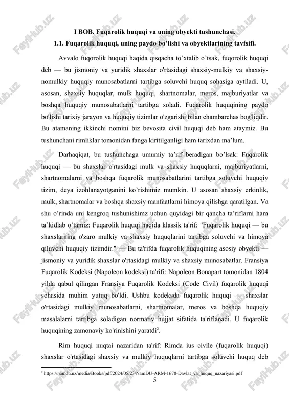 — shaxslar o'rtasidagi mulkiy munosabatlarni, shartnomalar, meros va boshqa huquqiy masalalarni tartibga soladigan normativ hujjat sifatida ta'riflanadi. u fuqarolik huquqining zamonaviy ko'rinishini yaratdi[footnoteref:2]. [2: https://namdu.uz/media/books/pdf/2024/05/23/namdu-arm-1670-davlat_va_huquq_nazariyasi.pdf] rim huquqi nuqtai nazaridan ta'rif: rimda ius civile (fuqarolik huquqi) shaxslar o'rtasidagi shaxsiy va mulkiy huquqlarni tartibga soluvchi huquq deb atalgan. ushbu tushuncha faqat rim fuqarolariga nisbatan qo'llanilgan. rim huquqiga ko'ra, fuqarolik huquqi shaxsning erkinligini va mulkiga bo'lgan huquqini himoya qilishni o'z ichiga oladi. bu haqida yuqorigi sahifada ham to’xtalib ketganmiz. modern huquqshunoslik ta'rifi: "fuqarolik huquqi — bu shaxslar, ularning mulki, huquqlari, majburiyatlari, shartnomalari va boshqa huquqiy munosabatlarini tartibga soluvchi huquqiy normativ tizimdir. bu huquqiy soha, ko'pincha, davlat va jamiyatdan tashqaridagi shaxsiy munosabatlarni tartibga soladi." o'zbekiston respublikasining fuqarolik kodeksi (1996 yilda qabul qilingan) fuqarolik huquqini "shaxslar o'rtasidagi mulk, shartnomalar, majburiyatlar va boshqa huquqiy munosabatlarni tartibga soluvchi tizim" deb ta'riflaydi. o'zbekiston huquqiy tizimida fuqarolik huquqi, ayniqsa, mulk va shaxsiy huquqlarni himoya qilishni nazarda tutadi. bu fikrlardan …