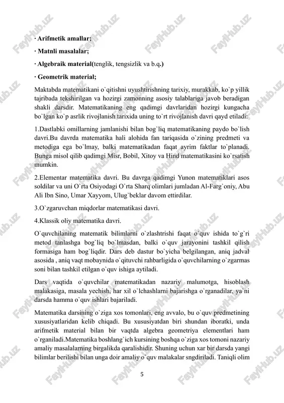gdiriladi. taniqli olim j.ikromov o`zining “yazik obucheniya matematiki” kitobida "maktab o`quvchilarining matematik madaniyati shakllanishi bir necha davrga bo`linadi",-deb ta`kidlaydi. birinchi navbatda ular ob`yektiv tushunchalarning birgalikda tashkil etadigan mazmuni —matematik reallikni aniqlab oladilar. bunda ob`yektlarning aniqlik xususiyatlari bilan tarixiy jihatlar o`rtasidagi bog`liqlik alohida ahamiyat kasb etadi. bu yerda matematik reallik jumlasiga e`tibor qaratadigan bo`lsak ushbu reallikni o`quvchilar matematik hisob kitoblarning turmush jarayonidagi ahamiyatini bevosita bilganlarida ya`ni kundalik turmush bilan bog`liq misol va masalalarni bevosita bajarganlaridagina his qiladilar. demak kundalik turmush bilan bog`liq holda matematika o`qitishni tashkil etish o`quvchi faoliyatida muhim ahamiyatga egadir. kundalik turmush bilan bog`liq misollar yechish asosida o`quvchi matematik bilimlar shunchaki o`zlashtiriladigan bilimlar emas balki hayotiy zaruriyat sifatida o`zlashtirilishi lozimligi to`g`risida xulosa qiladilar. 1.2 boshlangʻich sinflarda algebra elementlarini oʻrgatishda qoʻllaniladigan metodlar. pedagogik tajriba-sinov ishining vazifasiga o‘rganilayotgan hodisani kuzatishni muntazam o‘zgartirish va uning tabiatini aniqlash uchun boshqa hodisalar bilan bog‘lanishini o‘rnatish, mazkur jarayonni ongli o‘rganish va kelib chiqishini bilish kiradi. …