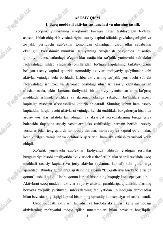 qarz mablag’lari hissasiga to’g’ri kelib, ularning hajmi mos ravishda 400 va 60 baravarga ko’paygan. shuningdek, o’zlashtirilgan barcha investitsiyalarning 70 foizga yaqini ishlab chiqarishni modernizatsiya qilish va texnik qayta jihozlashga yo’naltirilganini alohida ta’kidlash lozim. oldingi paragrafda ta’kidlab o’tganimizdek, bozor munosabatlarining paydo bo’lishi bilan xo’jalik yurituvchi sub’ektlarning moddiy texnika bazasi hisoblangan hamda uzoq muddatli aktivlarning salmoqli hissasini tashkil qiluvchi asosiy vositalar qatorida nomoddiy aktivlar, moliyaviy va kapital qo’yilmalar, kechiktirilgan xarajatlar va debitorlik qarzlar kabi buxgalteriya hisobining yangi obyektlari vujudga keldi. xo’jalik yurituvchi sub’ektlar faoliyatida ishtirok etayotgan va tegishli hisobot davrida daromad olishga sababchi bo’layotgan nomoddiy aktivlar, moliyaviy va kapital qo’yilmalardan oqilona foydalanish uchun ularni bir tizimda tadqiq qilish hamda ular haqidagi ma’lumotlarni hisobotlarda yoritib berish zaruriyati kelib chiqdi. shuningdek, uzoq muddatli aktivlarning ushbu turlarini alohida guruhga ajratish va hisobga olish lozim bo’ldi. bunday tartibni buxgalteriya balansi orqali aks ettirish va ularni tarkibiy qismlarga ajratish hamda ular haqidagi ma’lumotlardan foydalanishni moliyaviy hisobotning xalqaro …
