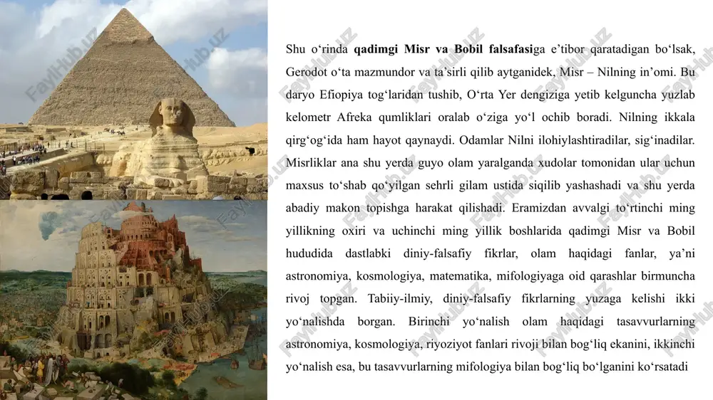 n tarxon al forobiy (870-950, asarlari: kitob-ul xuruf, fozil odamlar shahri, ehsoul ulum, siyosat falsafasi, fuqarolik siyosati) falsafa va tabiiy fanlar tarixiga oid yuzga yaqin asar muallifidir. u fanlar bilish vositalari ekanligidan kelib chiqqan. bunda mutafakkir nazariy (mantiq, falsafa, tabiiy fanlar) va amaliy (axloq, siyosat) fanlarni farqlagan. fanlar tizimida u insonga haqiqiy bilimni soxta bilimdan farqlash imkonini beruvchi mantiqni birinchi o‘ringa qo‘ygan. ayni shu sababli faylasuf inson tafakkuriga alohida e’tibor bergan. aynan falsafa insonga borliqning mohiyatini tushunish imkonini beradi. borliq «yagona» va ayni vaqtda «ko‘p»dir. borliqning mazkur holati emanasiya, ya’ni «yagona» muhitdan borliqning turli muhitlari kelib chiqishi mahsulidir. forobiy asarlarida dunyo bir-biriga kiruvchi to‘qqiz gumbaz ko‘rinishida namoyon bo‘ladi. bu gumbazlarda ularning yer atrofida aylanishi sababi hisoblangan jonlar yashaydi. gumbazlar o‘z harakatini dastlabki turtkidan boshlagan. forobiy dunyoning rang-barangligini tushuntirish uchun aristotelning shakl va materiyaa haqidagi ta’limotidan foydalangan. u jonning umrboqiyligi haqidagi masalada platon fikriga qo‘shilmagan, chunki uning paydo bo‘lishi va o‘limi …