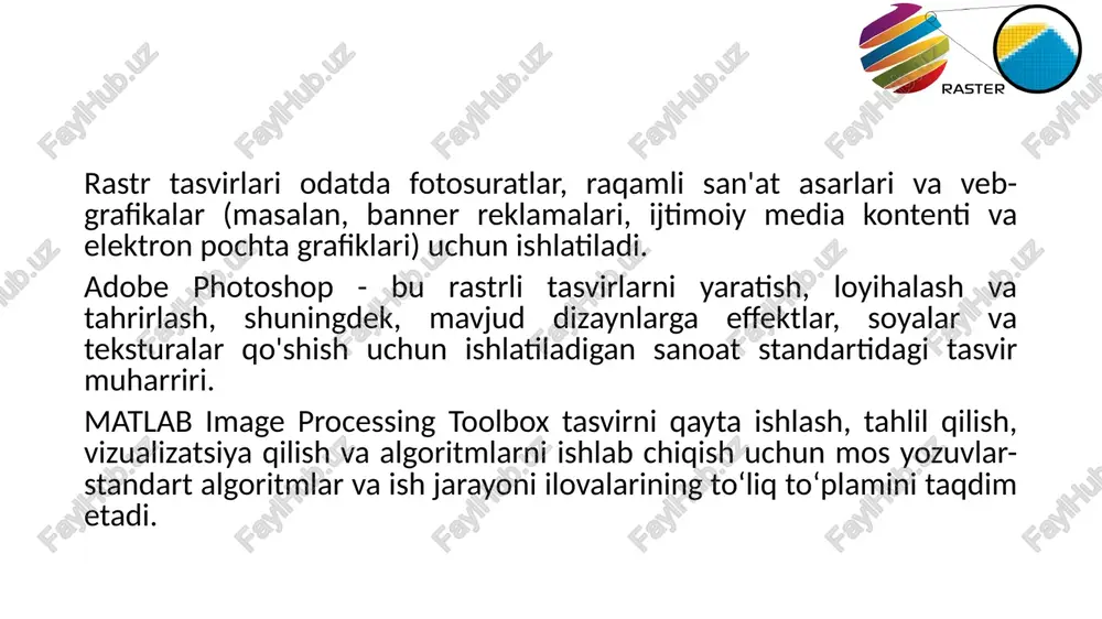 tr formati bo'lib, tegli tasvir fayl formati degan ma'noni anglatadi. o'zining juda yuqori sifati tufayli format birinchi navbatda fotografiya va ish stoli nashrida qo'llaniladi. hujjatni skanerlash yoki professional raqamli kamera bilan suratga olishda siz tiff fayllariga duch kelishingiz mumkin. e'tibor bering, tiff fayllari jpeg tasvirlar uchun "konteyner" sifatida ham ishlatilishi mumkin. ushbu fayllar odatda juda katta bo'lgan an'anaviy tiff fayllaridan ancha kichikroq bo'ladi. tiff/tif qachon tiff dan foydalanishingiz kerak sizga yuqori sifatli chop etish grafiklari kerak. raw bilan bir qatorda, tiff fayllari mavjud bo'lgan eng yuqori sifatli grafik formatlar qatoriga kiradi. agar siz fotosuratlarni chop etayotgan bo'lsangiz, ayniqsa katta o'lchamlarda - ushbu formatdan foydalaning. siz yuqori sifatli skanerlash qilyapsiz. hujjatlar, rasmlar va san'at asarlarini skanerlash uchun tiff-dan foydalanish siz ishlash uchun eng yaxshi asl faylga ega bo'lishingizni ta'minlaydi. tiffda foydalanmang… siz veb-grafika bilan ishlayapsiz. ko'pgina veb-brauzerlar uni qo'llab-quvvatlasa-da, tiff fayllari chop etish uchun optimallashtirilgan. internetda yuqori sifatli tasvirlarni ko'rsatish kerak …