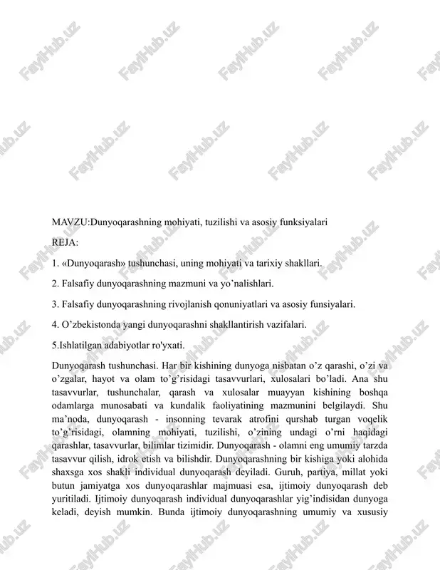 gi o’rni haqidagi qarashlar, tasavvurlar, bilimlar tizimidir. dunyoqarash - olamni eng umumiy tarzda tasavvur qilish, idrok etish va bilishdir. dunyoqarashning bir kishiga yoki alohida shaxsga xos shakli individual dunyoqarash deyiladi. guruh, partiya, millat yoki butun jamiyatga xos dunyoqarashlar majmuasi esa, ijtimoiy dunyoqarash deb yuritiladi. ijtimoiy dunyoqarash individual dunyoqarashlar yig’indisidan dunyoga keladi, deyish mumkin. bunda ijtimoiy dunyoqarashning umumiy va xususiy shakllarini hisobga olish lozim. kundalik hayotiy tajribalar asosida jamiyatda, odamlarda oddiy, o’z-o’zicha rivojlanuvchi (stixiyali) mohiyatga ega bo’lgan qarashlar, tushunchalar, g’oyalar shakllanadi. bu – dunyoqarashning o’z-o’zicha rivojlanuvchi (stixiyali) shakli hisoblanadi. uni ko’pincha hayotiy falsafa, deb ham ataydilar. hayotiy falsafaning doirasi juda keng bo’lib, ongning sodda namoyon bo’lish shakllarini ham, oqilona va sog’lom fikrlarni ham o’z ichiga oladi. hayotiy falsafa yoki oddiy amaliy dunyoqarashning o’ziga xos turini inson faoliyatining turli sohalaridagi bilim va tajribalar ta’sirida shakllanayotgan qarashlar tashkil etadi. «har kimning o’z falsafasi bor» deyilganida ana shu hol anglashiladi. demak, dunyoqarash o’zining kundalik …