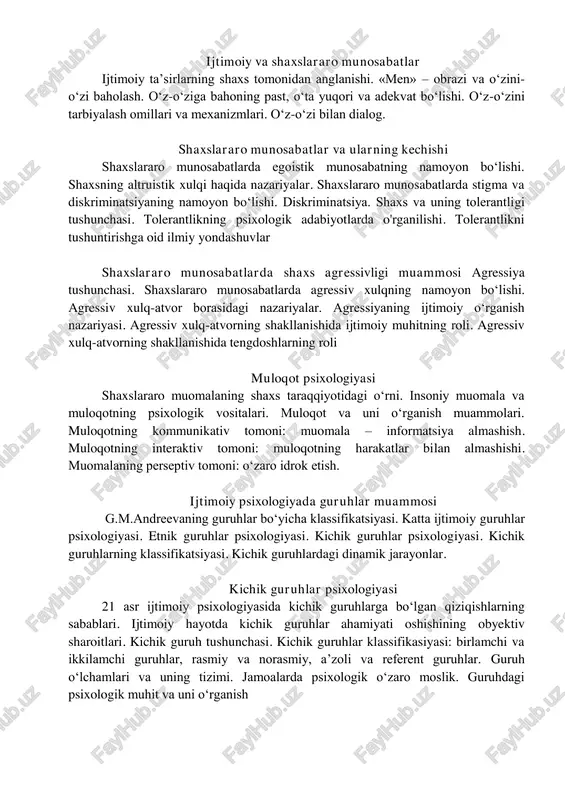 otivatsiyasi. namoyon qilinishiga qarab faol va yashirin roller. ijtimoiy rolning shaxs shakllanishiga ta’siri. d.a.leontevning shaxs ijtimoiy rollarni o‘zlashtirishdagi ikki aspekt. rollardagi nizolar. u.g.gudaning «rollardagi nizolar nazariyasi». m.komarovskaya tomonidan o‘tkazilgan tadqiqot. shaxs ijtimoiylashuvi ijtimoiylashuv tushunchasi. f.g.giddingsning «ijtimoiylashuv nazariyasi». o‘spirinlik davrida shaxs ijtimoiylashuvi. ijtimoiylashuv jarayonida shaxs yo‘nalishining shakllanishi. mas’uliyat. julian b.rotterning «nazorat lokusi» tushunchasi. maqsadlar va ideallar. qiziqishlar va dunyoqarash. ijtimoiy ustanovka ijtimoiy ustanovka tushunchasi. ijtimoiy ustanovkalarni o‘rganishda uznadze maktabi tadqiqotlarining ahamiyati. psixologiyada ijtimoiy ustanovkalarni o‘rganishga bo‘lgan turli yondashuuvlar. ijtimoiy ustanovka strukturasi. ijtimoiy ustanovkalar kognitiv, emotsional va xatti-harakat komponentlari. ijtimoiy ustanovkalar o‘zgarishi muammosi va uning nazariy va amaliy ahamiyati. ustanovkalarning to‘rt bosqichli tizimi liderlik va boshqaruv boshqaruv psixologiyasining ijtimoiy psixologik jihatlari. boshqaruv jarayonining ikki mihim jabhasi. ijtimoiy jabha. psixologik jabha. guruhlarda rahbarlik va liderlik. “lider” va “rahbar” tushunchalari o‘rtasidagi farqlar haqida b.d.parigin fikrlari. liderlikka oid nazariyalar. xarizmatik nazariya. vaziyatga bog‘liqlik nazariyasi. sintetik nazariya. rahbar imidji. liderlik uslublari haqida tushuncha. avtoritar. demokratik. liberal. …