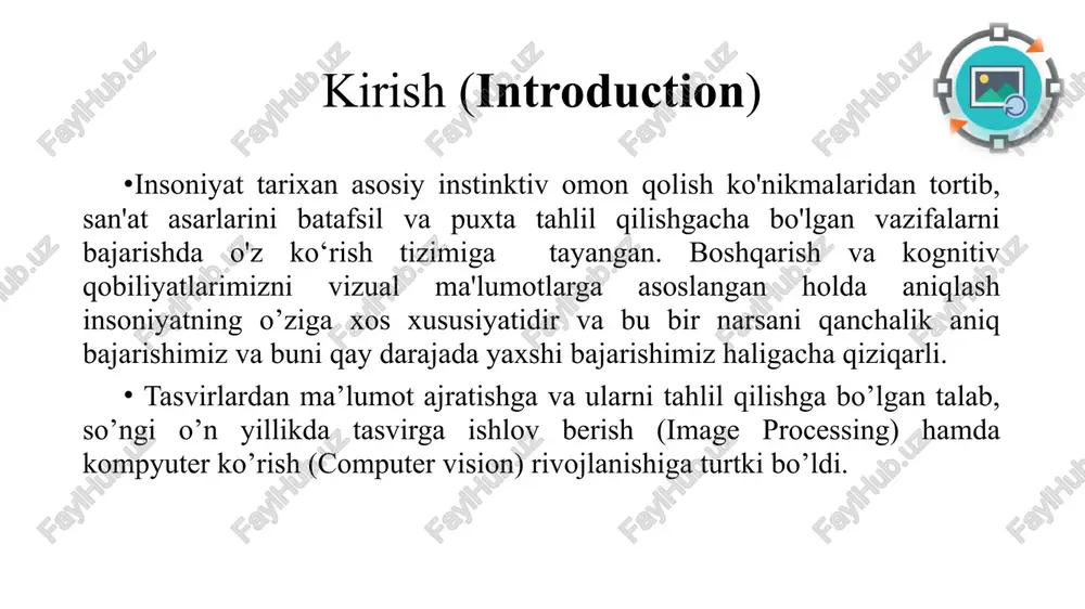 oro amiri olim xon 1911-yil (sergey prokudin) 22 kontrastni kuchaytirish – contrast enhancement (rasm 1.7): tasvirni inson uchun ko'rishinishini yaxshilashda tasvirni qayta ishlashning boshqa vazifalarini (masalan, qirralarini ajratib olish) osonlashtirish uchun ko'pincha tasvirning kontrastini oshirish kerak bo'ladi. (a) (b) rasm 1.7 kontrastni kuchaytirish: (a) original tasvir; (b) kontrastni yaxshilash uchun histogramma normallashtirilgan tasvir buxoro amiri olim xon 1911-yil (sergey prokudin) 23 obyektni segmentlash va nomlash – object segmentation and labeling (rasm 1.8): tasvir ichidagi ob'ektlarni segmentlash va nomlash vazifasi ko'pchilik obyektlarni aniqlash va tasniflash tizimlari uchun zaruriy hisoblanadi. (a) (b) rasm 1.8 obyektni segmentlash va nomlash: (a) original tasvir; (b) har bir obyekt segmentlangan va nomlangan tasvir buxoro amiri olim xon 1911-yil (sergey prokudin) 24 image1.jpeg image2.png image3.gif image4.png image5.png image6.png image7.png image8.png image9.png image10.png image11.jpeg image12.jpeg image13.gif image14.png image15.png image16.png image17.png image18.png image19.png image20.png image21.png image22.png lik usa peter lik's phantom /docprops/thumbnail.jpeg