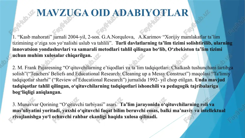 dqiqot bo‘limlarini tashkil etish va o‘qituvchilarni ilmiy tadqiqot faoliyatiga jalb qilish; o‘qituvchilarga ilg‘or pedagogic texnologiyalarni qo‘llash bo‘yicha otmlarning ilmiy kengashlari bilan hamkorlikda treninglar va seminarlar tashkil etish. maktab direktori, o‘ibdo‘, uslubiy birlashma rahbari har chorakda uslubiy birlashmada, maktab miqyosida ish tajribalarni ommalashtirish va davom ettirish, ilmiy tadqiqot ishlarini amalga oshirish 2 o‘qituvchilarning ilmiy tadqiqot ishlarini olib borishga yetarlicha jalb qilinmaganligi o‘qituvchilar uchun grant va ilmiy tadqiqot loyihalarini tashkil etish; o‘qituvchilarni ilmiy-pedagogik tadqiqotlarga rag‘batlantirish uchun maxsus motivatsiya tizimlarini joriy etish maktab ma’muriyati har chorakda o‘qituvchilarning ilmiy tadqiqot faoliyatini qo‘llab-quvvatlash. 3 tadqiqotlar natijalarini muntazam tahlil qilish va ularni ta’lim jarayonida qo‘llashning sustligi har chorakda pedagogik tadqiqotlar natijalari bo‘yicha tahlil yig‘ilishlarini tashkil etish. tadqiqotlardan olingan bilimlar asosida o‘quv dasturlarini yangilash. maktabdagi o‘qituvchilar uchun yangi yondashuvlar va metodlar bo‘yicha maslahatlar berish. o‘ibdo‘, uslubiy birlashma rahbari yil davomida tadqiqotlar natijalarini tahlil qilish va ulardan foydalanish, maktab rahbariyatiga ta’lim jarayonining sifatini nazorat qilish imkoniyatini yaratadi. e’tiboringiz …