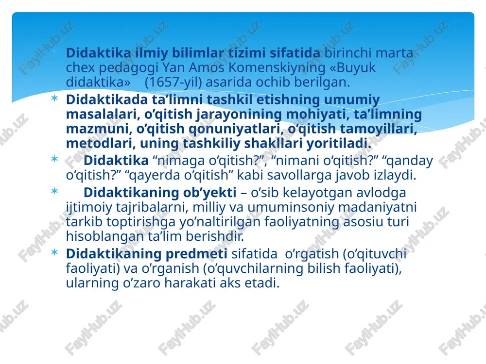 g’oyani amalda tadbiq qilib maktablar ochdi, darsliklar yozdi, observatoriya tashkil qilindi. xv-xvi asrlarda alisher navoiy boshchiligidagi mutafakkirlar insonparvarlik g’oyasi nazariyasi va amaliyoti bo’yicha ulug’ ishlar qildilar. o’qitishning ta’limiy, tarbiyaviy va rivojlantiruvchi vazifalarining uyg’unligi. ta’lim jarayoni qanday funktsiyalarni bajaradi? ta’lim jarayoni: ta’lim berish; tarbiyalash; rivojlantirish kabi funktsiyalarni bajaradi. ta’lim jarayonining ta’lim berish funktsiyasi nimadan iborat? ta’lim jarayonining ta’lim berish funktsiyasi o’quvchilarga ilmiy bilimlarni berish, ularni tabiiy va ijtimoiy borliq, shaxslararo munosabatlar, shaxsning rivojlanish qonuniyati mohiyatini anglatuvchi ma’lumotlar bilan tanishtirish orqali ularda mavjud bilimlarni amaliyotga tatbiq etish ko’nikma, malakalarini shakllantirishdan iborat. ta’lim jarayonining tarbiyalash funktsiyasi qanday ma’noni anglatadi? ta’limning tarbiyalash funktsiyasi ta’lim jarayonida o’quvchilarning ongini rivojlantirish asosida ularda yuksak ma’naviy-axloqiy sifatlarni, faoliyat ko’nikma, malakalarini shakllantirish, ularni ijtimoiy hayotga samarali tayyorlashni bildiradi. turli ijtimoiy tuzum va sharoitda ham ta’limning tarbiyalash funktsiyasi yaqqol namoyon bo’lib kelgan. ta’limning rivojlantirish funktsiyasi nimadan iborat? ta’limning rivojlantirish funktsiyasi ta’lim jarayonida o’quvchilar tomonidan ilmiy bilimlarning samarali o’zlashtirilishi, ong va …