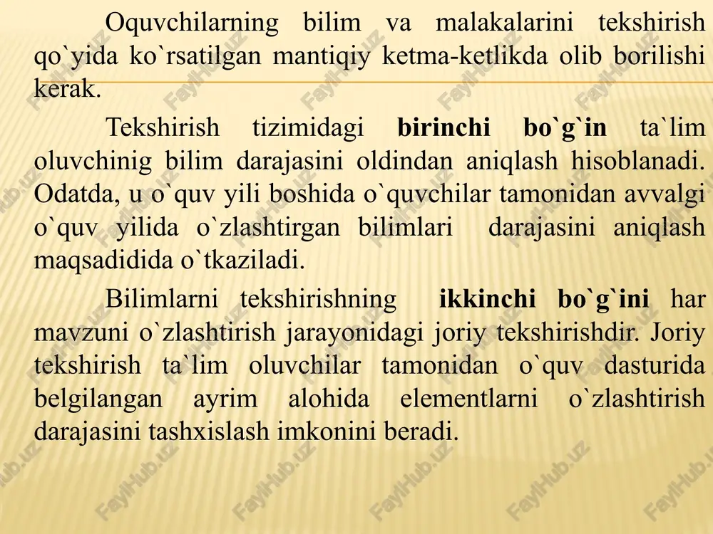 jarayonida ichki aks aloqaning bo`lishini ta`minlaydi. nazoratning bu shakli psixologik mezonlarga asoslanadi. unung samaradorligi o`qituvchining kasbiy mahoratiga bog`liq bo`ladi; o`zbekiston resbublikasining “ta`lim to`g`risida”gi qonuni. mustaqillik yillarida, o`zbeiston respublikasida, uzluksiz ta`lim tizimini takomillashtirish ustuvor yo`nalish sifatida e`tirof etildi. o`zbekiston respublkasi oliy majlisida ix sessiyasida qabul qilingan o`zbekiston respublikasining “ta`lim to`g`risida”gi qonunida uzluksiz ta`lim tizimining mohiyati, yo`nalishlari, ta`lim mazmuni, ta`limining huquqiy asoslari batafsil ochib berilgan. mazkur me`yoriy hujjat mazmunida quydagilar. fuqarolarga ta`lim, tarbiya berish, kasb-hunar o’rgatishning hquqiy asoslari; ta`lim sohasidagi davlat siyosatining asosiy tamoyillari; har kimning bilim olishdan iborat konstitutsiyaviy huquqi; pedagogk faoliyat bilan shug`ullanish huquqi; ta`lim muassasasining huquqiy maqomi; ta`lim tizimi va turlari; ta`lim jarayoni qatnashchilarini ijtimoiy himoya qilish; ta`lim tizimini boshqarish. ta`lim sohasidagi davlat siyosatinig asosiy tamoyillari. o`zbekiston respublikasining “ta`lim to`g`risida”gi qonuning 3-moddasida ta`lim sohasidagi davlat siyosatining asosiy tamoyillari ko`rsatib o`tilgan. ular quyidagilardan iborat; 1.ta`lim-tarbiyaning insonparvar demokratik xarakterda bo`lishi, 2.ta`lim tizimining uzluksizligi va izchilligi ; 3.umumiy o`rta, shuningdek, o`rta maxsus, …