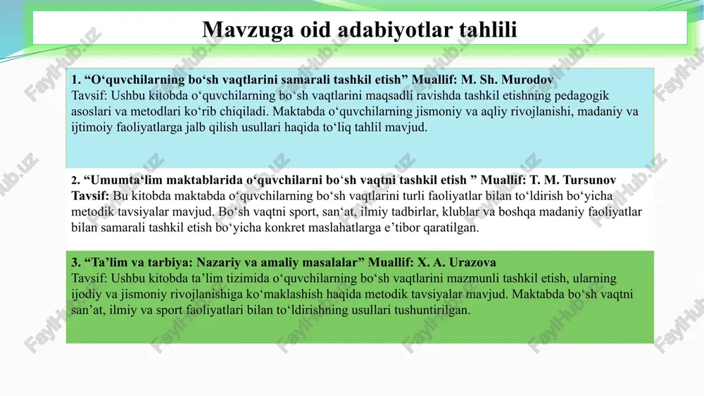 ishlari revojlantiriladi 2 maktabda zamonaviy it yo‘nalishidagi to‘garaklarni yo‘lga qo‘yilmaganligi dasturlash, robototexnika va innovatsion texnologiyalar bo‘yicha to‘garaklar faoliyatini yo‘lga qo‘yish fizika va informatika o‘qituvchilari doimiy o‘quvchilarda zamonaviy texnologiyalarga bo‘lgan qiziqishlari ortadi 3 maktab kutubxonasidan foydalanish, o‘quvchilarni kitob o‘qishga qiziqishlarining sustligi kitobxonlik haftaliklari, badiiy va ilmiy adabiyot kechalarini tashkil etish, eng yaxshi kitobxon tanlovini o‘tkazish mmibdo‘, kutubxonachi, ona tili va adabiyot o‘qituvchilari har oy o‘quvchilarning kitobga bo‘lgan qiziqishlari ortadi va nutq madaniyati rivojlantiriladi 12 e’tiboringiz uchun rahmat! image10.png image11.png image12.jpeg image13.png image14.png image15.png image16.png image17.png /docprops/thumbnail.jpeg