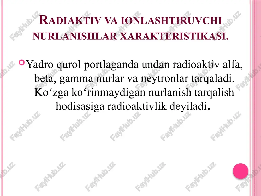 rni, oziq - ovqatlarni zararsizlantirish va sanitariya ishlovidan oʻtkazish vaqtida aholining harakati. ish joyi, uy va boshqa ob'ektlar radiasion modda va boshqa bakterial vositalar bilan zaharlangan hollarida ularni zararsizlantirish uchun himoya vositalarini taqib olish kerak. nafas olish organlarini himoyalash uchun gaz niqob, terini himoya qilish uchun rezinkali fartuk va qoʻlqoplar kiyiladi. goʻsht, sarigʻ yog, pishloq sirtidan 2-3 mm qatlami olib tashlanadi. meva va sabzavotlar qayta–qayta yuviladi, poʻchogi artiladi, qaynatiladi, shundan keyin iste'mol qilsa boʻladi. oʻsimlik yogi 3-5 sutka tindiriladi va dezaktivasiya qilinadi sanitariya ishlovi . yuvinish punkti uch boʻlimdan iborat: a)yechinish xonasiga kirishdan oldin himoya vositalarini echish, ustki kiyimlarni, bosh kiyimlarini echish kerak. b)yechinish xonasiga kirgandan soʻng poyabzal, ich-kiyimlar echiladi va majburiy tartibda medisina koʻrigidan oʻtiladi. shilliq pardalar (koʻz. ogʻiz)ga 2 % sodali eritma bilan ishlov beriladi. yuvinish punkti xodimlari zaharlangan kiyim–kechaklarni zararsizlantirish boʻlimlariga olib oʻtadilar va ishlovdan oʻtkazadilar. v)shaxslar yuvinish xonasiga sovun, mochalka bilan qirib yaxshilab tozalab yuvinadilar. yuvinish …