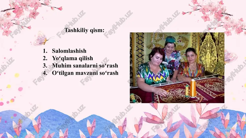 ini yoppasiga zar bilan tikiladi va turli naqshlar hosil qilish vazifasini bajaradi . bu usulda tikkanda buyumning hamma joyi zar ip bilan naqshlar hosil qilib tikib chiqiladi. zamindo‘zi qadimda qimmatbaho to‘nlarda ishlatilgan bo‘lib, hozir zardo‘zi do‘ppilarning jiyagidagina qo‘llaniladi guldo‘zi tikish usuli. bunda tikilayotgan naqshning tagi ochiq qolib, faqat gul naqshlarning o‘zi zar bilan tikiladi. bu usul o‘ziga xos bo‘lib, bosqichma-bosqich bajariladi: naqqosh tomonidan naqsh chiziladi; naqsh nusxasi qalin qog‘oz karton yoki teridan qirqilib, andaza tayyorlanadi; andaza sidirg‘a baxmal matoga qadab chiqiladi, ya’ni omonat tikib chiqiladi yoki yelimlanadi; karton nusxa zar ip bilan qoplab tikib chiqiladi. natijada, biroz bo‘rtma naqsh gul hosil bo‘ladi (33-rasm). bu usulda naqshlarning tagi tikilmasdan qoladi. guldo‘zi usulida tikish sxemasi. kim birinchi? bunda oʻquvchilarga mavzuga oid rasmlar ish qurollari 4 qismga boʻlingan xolatda koʻrsatiladi. qaysi oʻquvchi qsimlarni nomini birinchia topib yigʻa olsa oʻsha gʻolib boʻladi. oʻquvchilar ixtiyoriy guldoʻzi yoki zamindoʻzi usulidan birini tanlashadi va tikishni oʻqituvchi koʻrsatmasi …