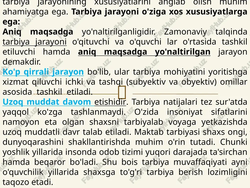 sning jamoada tarbiyalashga oid o‘rni; - tarbiyalanuvchi shaxsiga nisbatan talabchan bo‘lishi va uning shaxsini hurmat qilish; - tarbiyalanuvchi (o‘quvchi)ning tarbiya jarayonida yoshi va o‘ziga xos xususiyatlarini hisobga olish; - tarbiyaviy ishlarning izchilligi va muntazam olib borilishiga e’tibor.  tarbiya tamoyillari tarbiya jarayoni qonuniyatlarini aks ettiradi. tarbiyaviy jarayonda ilg‘or tamoyillarga amal qilinishi tarbiya samarasini ta’minlaydi. tarbiya tamoyillari quyidagilardan iborat: tarbiyaning maqsadga yo‘naltirilganligi va g‘oyaviyligi; tarbiyada demokratik va insonparvarlik g'oyalarining ustunligi; tarbiyada milliy, umumbashariy qadriyatlarning ustunligi; tarbiyada izchillik va tizimlilik; tarbiyaning ijtimoiy hayot bilan qo'shib olib borish; tarbiyani mehnat bilan bog‘iash; tarbiyalanuvchi shaxsni hurmat qilish; tarbiyada o‘quvchining yosh va alohida xususiyatlarini hisob­ga olish; jamoa va jamoa yordamida tarbiyalash; tarbiyada o‘quvchi xulqidagi ijobiy sifatlarga tayanib, salbiy tomonlarni yo‘qotish.  tarbiyaning maqsadga yo‘naltirilganligi va g‘oyaviyligi - o‘qituvchi ijtimoiy tarbiya maqsadi va vazifasini aniq tasavvur etishi va puxta anglab olishi zarur. yosh avlodni yuksak g‘oyaviylik ruhida tarbiyalash - ularning ongiga xalq, millat, yurt, jamiyat manfaatlaridan …