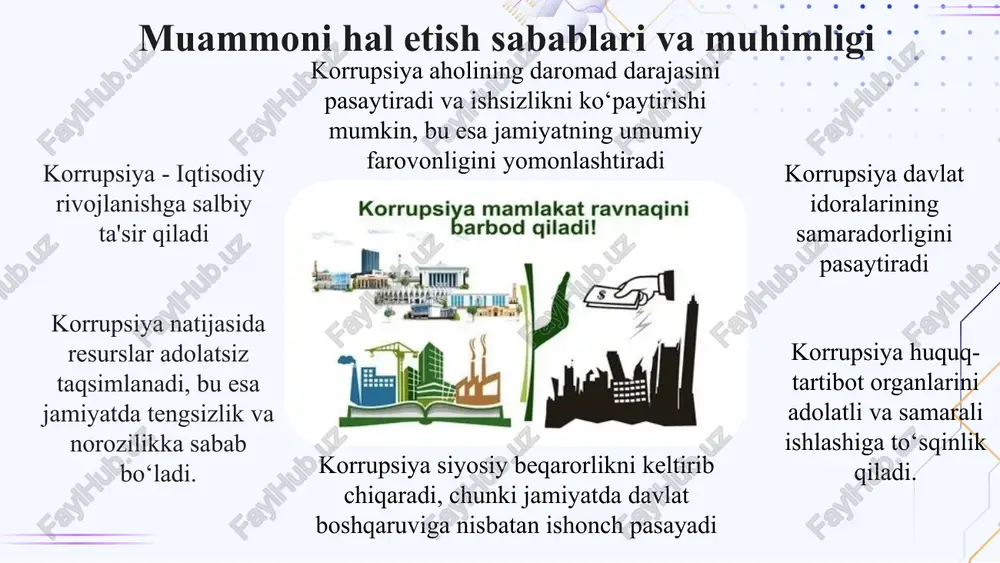 da tushunchalar berish maktab ma’muriyati, davlat va huquq asoslari fani o’qituvchisi o‘quv yili davrida jamoa va o’quvchilar korrupsiya va uning oqibatlari haqida tasavvurga ega bo’ladi 3 xodimlar va o‘quvchilarning huquqiy madaniyatini oshirish o‘qituvchilar va o‘quvchilar uchun muntazam seminarlar va treninglar tashkil etish davlat va huquq asoslari va tarix fani o’qituvchilari yil davomida huquqiy mavzularni muhokama qilish, huquq va majburiyatlarni tushunishga yordam beradi 4 maktab ichida korrupsiya holatlari haqida xabar berish uchun anonim ishonch telefonlari yoki onlayn platformalar yaratish maxsus veb-sayt yoki mobil ilova yaratish, bu yerda foydalanuvchilar anonim ravishda xabar qoldirishlari mumkin informatika fani o’qituvchilari yil davomida ishonch va shaffoflikni oshirishga yordam beradi chora-tadbirlar rejasi: e’tiboringiz uchun rahmat image1.png image2.png image3.png image4.jpeg image5.png image6.png image7.png image8.png image9.png image10.jpeg image11.jfif image12.jfif image13.png image14.jpeg image15.png image16.jpeg image17.jpeg image18.jpg