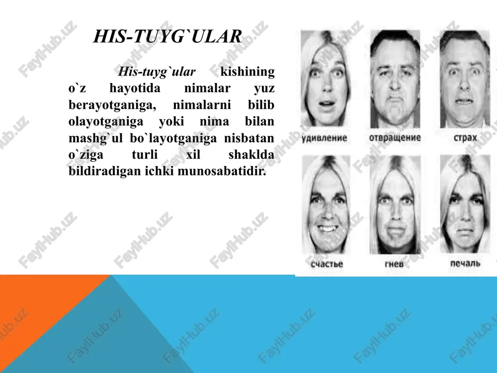 gi bosqich-larida kishi o`zini tuta olmasdan qoladi, qilayotgan ishining oqibatini o`ylamaydi va aql-hushini yo`qotib qo`yadi. tormozlanish miyaning qobig`ini egallab oladi va kishining tajribasi, uning madaniy va ma`naviy negizlari mustahkamlangan muvaqqat bogianishlarning tarkib topgan tizimini ishlatmay qo`yadi. affektiv portlashdan keyin holdan toyish, majolsizlik, barcha narsalarga befarqlik bilan munosabatda bo`lish, harakatsizlik, ba`zan esa mudroq bosish boshlanadi. psixologiyada «telbalarcha» ishq-muhabbat hissining affektiv tarzda kechishi atroflicha o`rganilgan va badiiy adabiyotda esa yana ham yaxshiroq tasvirlangan. affektlar o`tib bo`lganidan keyin shaxsning ruhiyatida osoy-ishtalik, charchash holati hukm suradi. ba`zi hollarda holsizlanish, jamiki narsaga loqayd munosabat, harakatsizlik, faollikning barham topishi, hatto uyquga moyillik yuzaga keladi. kayfiyatlar - ancha vaqt davomida kishining butun xatti-ha-rakatiga tus berib turadigan umumiy emotsional holatini ifoda etadi. kayfiyatlar ko`proq kishi salomatligining umumiy holatiga, ay-niqsa, asab tizimi va modda almashinuvini to`g`rilab turuvchi ichki sekretsiya bezlarining holatiga bog`liqdir. shaxsning xatti-harakatlariga va ayrim ruhiy jarayonlariga muayyan vaqt davomida tus berib turuvchi emotsional holat kayfiyat deb ataladi. …