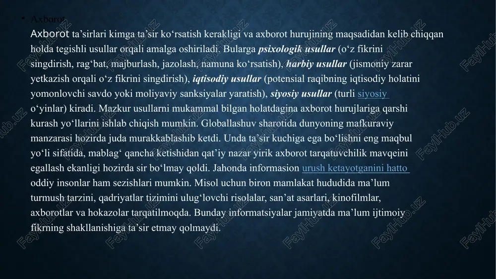yo’ldan ozdirishga urinadigan yashirin kuchlar juda ko’p. kompyuter oyinlariga mukkasidan ketgan o’smirlar o’zlari bilmagan holda yashirin kuchlarning qo’g’irchog’iga aylanadi. kompyuterga mute` bo’lgan yoshlarning fikri-xayoli, butun vaqti, hatto uyqusi ham be`mani oyinlar bilan band bo’ladi e’tiboringiz uchun rahmat! image2.png image3.png image4.png image5.png image6.png
