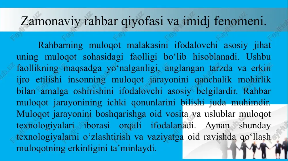 magadir juda hayratlanib, qiziqayotganligining belgisidir. 11.agar suhbatdosh qo’l mushti bilan o’zining iyagiga urayo’tgan bo’lsa, u nimanidir aniqlamoqchi, tashvishda bo’ladi. 12.agar odam burniga tegib, yoki uni ishqalayotgan bo’lsa, demak, u nimanidir ustida o’ylamoqda. 13.agar suhbatdosh qo’lini beliga tirab olgan bo’lsa, demak, u o’zining ustunligini bildirib, ochiq gaplashib olishga chaqirayotgan bo’ladi. 14.agar qo’llarining uchlarini birlashtirib “uycha” shaklini eslatayo’tgan bo’lsa, bu - uning nimanidir o’ylayo’tganligi yoki nimagadir qiziqayotganligi ramzidir. 15.agar siz gapirayotganingizda suhbatdosh boshini yonbosh qilib tinglasa, demak, u jiddiy emas, hazilga moyil. 16.agar suhbatdosh ko’z oynagini burun ustiga tushirib, tepasidan qarasa, bu uning sizdan ko’proq ma’lumotlarni kutayotganligi belgisidir. 17.odam u yoqdan bu yoqqa borib kelayo’tgan bo’lsa, demak, u nimadandir tashvishda, asabiylashmoqda. 18.agar odam qansharini bosayo’tgan bo’lsa, demak, u charchagan (agar ko’zoynagi qismayo’tgan bo’lsa). 19.agar odam stulning qirg’og’iga o’tirib olgan bo’lsa, bu yo sabrsizlik bilan kutayotganligi, yoki nimagadir qiziqish bildirayotganligi ramzidir. 20.odam oyoqlarini bir-birining ustiga qo’yib olib, oyog’ini yengil tebratayotgan bo’lsa, demak, u …