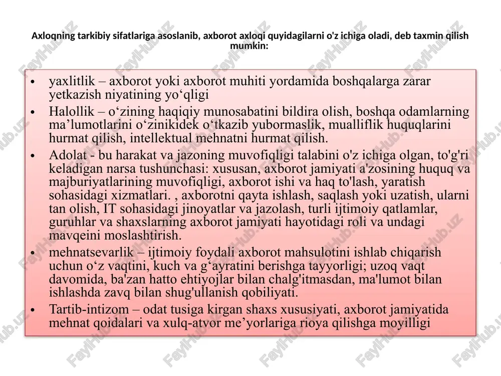 axborotni izlash, tanlash va tahlil qilish ko'nikmalari, bilim majmui); 2) madaniyat, bu holda shaxsning ajrata olish, bo‘lish, taxlil qila olish usulini anglatadi; 3) shaxsning dunyoni o'zgartirishda faol ishtirok etish darajasini belgilovchi dunyoqarash. shunday qilib, "axborot portlashi" ni boshdan kechirayotgan jamiyatda axborot madaniyati nafaqat kutubxonalar, media kutubxonalar, kompyuter tarmoqlarida harakat qilish imkonini beradigan amaliy bilimlar to'plamiga, balki shaxsni har tomonlama rivojlantirishning ma'lum bir mezoniga aylanadi. axborot madaniyatining yuqori darajasiga erishish media-matnlarni idrok etish, tahlil qilish va baholash qobiliyatini rivojlantirishga qaratilgan zamonaviy uslub va usullardan foydalangan holda samarali tashkil etilgan media-ta'lim tizimini yaratishga imkon beradi. “axborot jamiyatining shakllanishi ta’limni axborotlashtirish jarayonini ob’ektiv qiladi. aloqa tarixi beshta asosiy bosqichni o'z ichiga oladi: nutq o'qish va yozishning rivojlanishi bosma, raqamli aloqalarning paydo bo'lishi elektron aloqalarning paydo bo'lishi ushbu ixtirolarning hech biri o'zidan oldingilarini butunlay siqib chiqara olmadi. bugun bizni nutq va yozish, bosma, elektron va raqamli ommaviy axborot vositalaridan foydalanadigan madaniyat qurshab olgan. elektron …