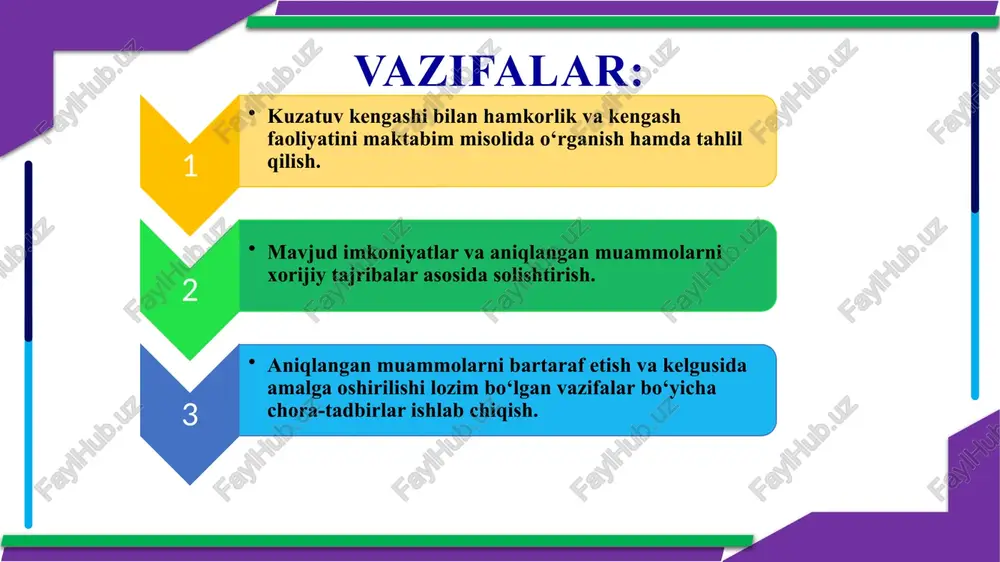 im sifatini va umumiy rivojlanishini ta’minlashda, resurslarni taqsimlash va ulardan samarali foydalanishda muhim rol o‘ynaydi. kuzatuv kengashi odatda, maktabning barcha jarayonlarini va strategiyalarini nazorat qilish, baholash va kerakli o‘zgarishlar kiritish bo‘yicha takliflar berish mas’uliyatini o‘z zimmasiga oladi. kengash maktab faoliyati haqida uzluksiz axborot almashish va mahalliy ehtiyojlarga javob berish orqali maktabning tashqi va ichki aloqalarini yaxshilashi zarur. buning uchun esa kuzatuv kengashlarining faoliyati to‘g‘ri va muntazam yo‘lga qo‘yilishi, kengash faoliyatida innovatsion texnologiyalardan foydalanish, kengash tarkibidagi a’zolarni mas’uliyat hissini oshirish muhim ahamiyatga ega. takliflar umumtalim maktablarida faoliyat ko‘rsatayotgan kuzatuv kengashlari a’zolarini kengashdagi vazifalarini to‘g‘ri va sifatli bajarishi bo‘yicha mas’uliyatini oshirish. bunda umumiy ota-onalar yig‘ilishlarida kuzatuv kengashlarining hisobotlarini eshitishga alohida e’tibor berish. kuzatuv kengashlarining o‘z vaqtida va samarali faoliyat olib borishi bo‘yicha mutasaddi organlar tomonidan monitoring o‘tkazib borish tartibini yo‘lga qo‘yish. kuzatuv kengashlari tomonidan so‘rovnomalar olishda shaffoflikni ta’minlash maqsadida innovatsion va raqamli texnologiyalardan foydalanishni yo‘lga qo‘yish. 1 2 3 chora-tadbirlar rejasi t/r …