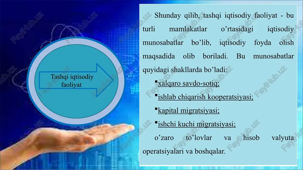 iyalar schyoti; moliyaviy schyot; aktivlardagi boshqa uzgarishlar schyotalirdan tashkil topgan. «resurslar» kismida shu mamlakat tovar va xizmatlarning import kilganligi natijasida boshqa mamlakatlarning olgan joriy daromadlari operatsiyasi kursatiladi. «foydalanish» kismida tovar va xizmatlarni eksport kilish natijasida boshqa mamlakatlarning shu mamlakatga daromadlarni utkazilganligi aks ettiriladi. tovar xizmatlarning eksport va importi kuyidagilardan tashkil topadi.  «mavjud» tovarlari eksport va importi;  moddiy va nomoddiy xizmatalr eksport va importi. «tashqi dunyo» ga utkazilgan kapital transfertlar boshqa mamlakatlardan olingan investitsiyalarga subsidiyalarni, kapital va mulkga nomuntazam soliq va bojlarni, xorijiy fukarolardan merosga soliq va boshqa transfertlarni uz ichiga oladi. to’lov balansi mamlakat rezident birliklarining norezidentlar bilan bo’lgan iqtisodiy munosabatlari natijalarining ma’lum bir davr (oy, chorak, yil) davomidagi o’zgarishlarini ifoda etadi. to’lov balansi mamlakatda iqtisodiy o’sish (kamayish) qay tarzda bo’lganligiga oydinlik kiritadi. to’lov balansini tuzishdan asosan ikki maqsad ko’zlanadi: 1. har bir mamlakatning tashqi dunyo bilan bo’lgan iqtisodiy munosabatlarining natijalarini bilish. 2. boshqa mamlakatlar to’lov balansidan foydalangan …
