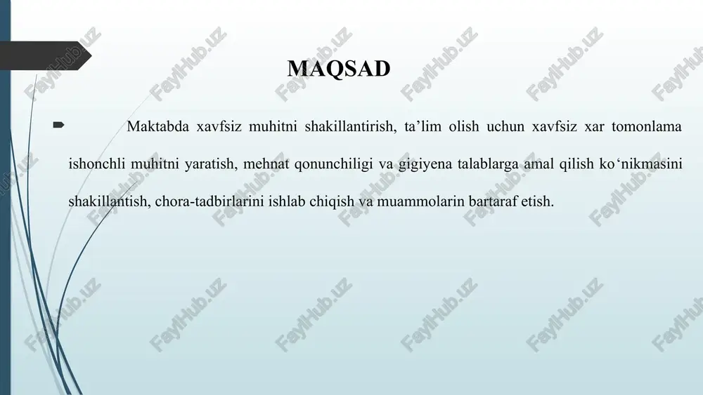 lotlar, favqulodda vaziyatlarda tezkor va samarali harakatlanish mexanizmlari to‘liq joriy etilmaganligi 1. xavfsizlik qoidalari, favqulodda vaziyatlarda qanday harakat qilish kerakligi haqida treninglar va mashg’ulotlarni muntazam olib borish. 2. maxsus interfaol darslar, amaliy mashg‘ulotlar va evakuatsiya mashqlarini o‘tkazish. o‘ibdo‘ maktab hamshirasi, chqbt raxbari o‘quv yilining har choragida evakuatsiya mashg‘ulotlari va birinchi yordam treninglari orqali favqulodda vaziyatlarda tez va samarali harakatlanish tizimi shakillanadi va natijadorlik sezilarli darajada oshadi. chora-tadbirlar rejasi e’tiboringiz uchun tashakkur !!! “barcha uchun xavfsiz maktab – kelajak avlodning sog‘lom rivojlanishiga zamin yaratadi” image1.png image2.png image3.png image4.jpeg image5.png image6.png image7.png image8.jpeg image9.gif image10.gif image11.gif image12.png image31.svg image13.png image19.svg image14.jpeg image15.jpeg image16.jpeg image17.png image41.svg image18.jpeg image19.png image20.jpeg /docprops/thumbnail.jpeg