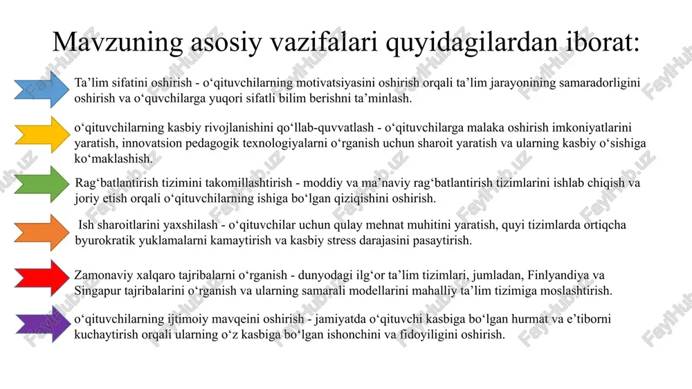 himini amalga oshirish mexanizmi mas’ullar muddati natija 1. jamoada motivatsion muhit yaratish, bugungi kun o‘quvchisiga bo‘lgan munosabatni tubdan o‘zgartirish. o‘zini-o‘zi qadrlash hissini singdirish. stressni kamaytirish. treninglar, individual yondoshuv, tahlil qilish, uni eshitish.(shaxsiy hayoti va kasbiy faoliyatidagi muvozanatni shakllantirishga ko‘maklashish). maktab direktori, o‘rinbosarlar, psixolog. o‘quv yili davomida o‘quvchilarning ta’limga qiziqishi ortadi, pedagoglar o‘zaro muloqotini yaxshilaydi 2. pedagog xodimlarning malaka oshirish tizimini trening, onlayn platformalar, sertifikatlash tizimi rivojlantirish, uzluksiz o‘z ustida ishlash sharoitini yaratish, rivojlantirish uning asl mohiyatini tushuntirish maktab direktori, o‘rinbosarlar, metod birlashma rahbarlari o‘quv yili davomida trening, onlayn platformalar, sertifikatlash tizimi rivojlantirish, uzluksiz o‘z ustida ishlash sharoitini yaratish, rivojlantirish uning asl mohiyatini tushuntirish 3. pedagoglarni moddiy va ma'naviy rag‘batlantirish. mehnatini tan olish.mukofotlar, bonuslar, rag‘batlantirish tizimi, homiyliklar hisobidan tashkil etish. maktab direktori, o‘rinbosarlar o‘quv yili davomida. pedagoglarning motivatsiyasi oshadi, ishga qiziqishi, ijodkorligi ortadi. “yaxshi ishlovchi, jiddiy mehnat qiluvchi kishilarni mukofotlash kerak. shunday qilib, ularning mehnatlari baholanadi va boshqalar ham o‘z ishlariga …
