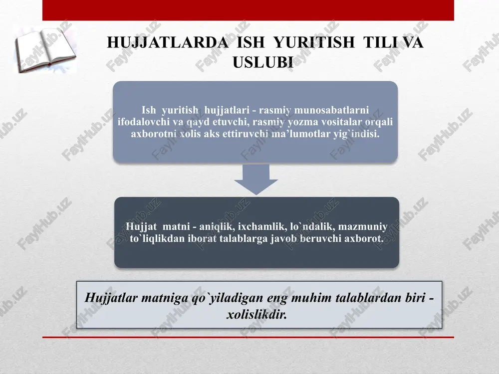 muovin imzosi sarlavha ilovalar haqida qayd www.arxiv.uz 2-topshiriq. nuqtalar o‘rniga kerakli so‘zlarni qo‘yib, jumlalarni to‘ldiring. ular ishtirokida gaplar tuzing. bunday jumlalar qo‘llanadigan buyruqlardan misollar keltiring. (...) ga muvofiq tasdiqlansin, (...) doimiy hisobi olib borilishi ta’minlansin, (...) yuzasidan nazorat kuchaytirilsin, (...) ga yuborilsin, (...) zimmasiga yuklatilsin, (...) dan amaliyotga kiritilsin, (...) ga qat’iy rioya qilinsin, (...) ga o‘zgartirish va qo‘shimchalar kiritilsin. 3-topshiriq. quyida berilgan nutq qoliplari hujjat gurhlarining qaysi turlarida qo‘llanishini ayting. … ga ruxsat berishingizni so‘rayman. … shuni ma’lum qilamizki… buyruq ijrosini nazorat qilish …zimmasiga yuklatilsin. fursatdan foydalanib, yana bir bor … muborakbod etamiz hurmat va ehtirom bilan … gatavsiya etiladi … yilda …ni tamomladim ma’lumotnoma ilova qilinadi namunaviy hujjatlar pul, hujjat, qimmatbaho buyumlar yoxud boshqa biror narsa olinganligini tasdiqlovchi rasmiy yozma hujjat xususiy hujjatlar muayyan vaqt uchun rejalashtirilgan ish yoki vazifa, topshiriqlarnig bajarilishi, amaliy dolzarb ishlar, xizmat va ilmiy safarlar yakuni haqida ma’lumot beruvchi hujjatdir. qolipli hujjatlar ko‘zlangan maqsad …