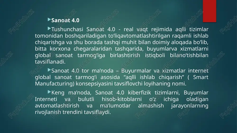 azifalarni bajarish uchun ishlatilgan. ammo bugungi kunda robotlar avvalgilariga qaraganda tobora ko‘proq mustaqil, moslashuvchan va boshqaruvga ega bo‘lmoqdalar. vaqt o‘tishi bilan ular bir-biri bilan munosabatda bo‘lishni boshlaydilar va nafaqat odamning yonida ishlaydilar, balki o‘rganadilar. kelajakda bunday robotlar kamroq xarajat qiladi, ammo bugungi kunda ishlab chiqarishda ishlatiladiganlarga qaraganda ko‘proq imkoniyatlarga ega. integratsiya tizimi hozirda foydalanilayotgan katta miqdordagi axborot tizimlari to‘liq birlashtirilmagan. sanoat 4.0 ushbu tarmoqlarga bo‘lgan munosabatlarni qayta ko‘rib chiqishni talab qiladi. barcha biznes jarayonlarning (tijorat va sanoat) to‘liq integratsiyasi talab etiladi. buning uchun nafaqat korxona ichidagi turli darajalardagi (bo‘limlardagi), balki ishlab chiqarish tsiklidagi turli sherik korxonalar o‘rtasida ham yaqin hamkorlikni yo‘lga qo‘yish muhimdir. buyumlar interneti bugungi kunda ishlab chiqarishdagi uskunalarning faqat bir qismi bitta tarmoqqa birlashtirilgan. sanoat byumlar internetining rivojlanishi bilan ko‘plab qurilmalar hisoblash quvvati bi- 51 lan va standart tarmoq protokollari bilan ta’minlangan. asbob uskunalar ma’lumotlarni mustaqil ravishda qayta ishlaydi, quyi darajada bir-biri bilan o‘zaro aloqada va zarurat bo‘lganda …