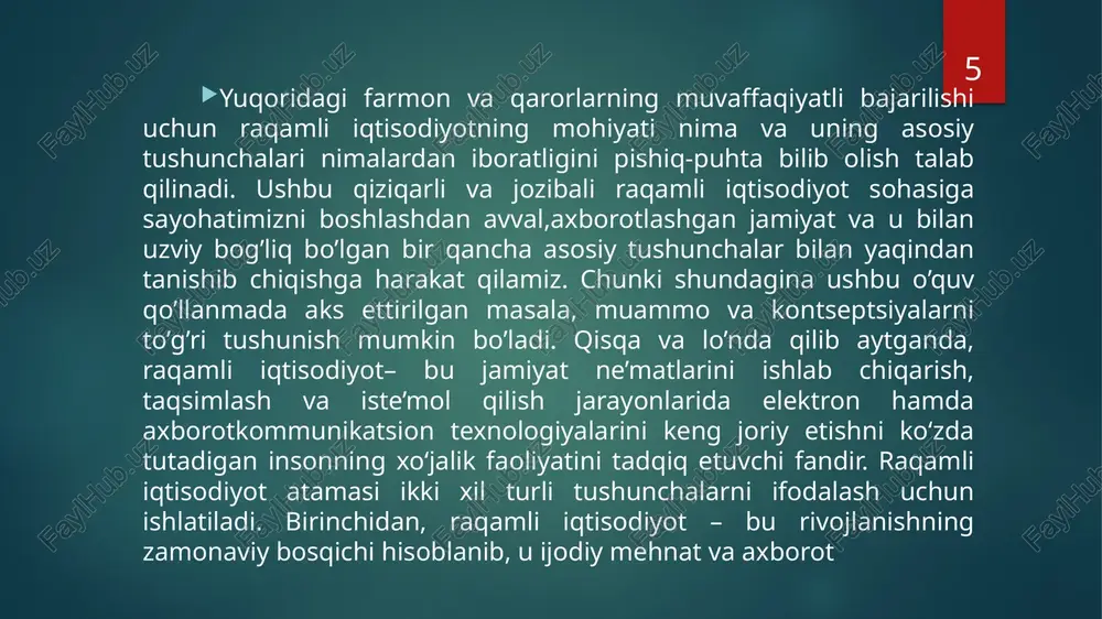 irish ko‘zda tutilgan. ya’ni, mamlakatni rivojlantirish yo‘llarini ishlab chiqish va hayotga tadbiq qilish uchun ma’lumotlarni to‘plash va tahlil qilish asosida xalq xo‘jaligi majmuini boshqarishning umumiy integrallashgan tizimi bo‘lishi lozim. shuni ham aytish kerakki, hozirgi paytda raqamli olam va jismoniy (yoki moddiy) olamlar kundan-kunga bir-biriga tezkorlik bilan yaqinlashib kelmoqda. bu ikki olamning jipslashuvi, oxir-oqibat, o’zaro bog’liqlik tushunchasi katta ahamiyat kasb etuvchi idrokli olamga olib keladi. global raqamlashtirish jarayoni esa jismoniy shaxslar, korxonalar va hukumatlarning barqaror o’sishi va ularga qulaylik yaratishni ta’minlagan holda tezligini oshirishda davom etmoqda. 10 bunday global raqamlashtirish sharoitida rivojlanishning sust bo’lishi markaziy osiyo mamlakatlarida regress holatini keltirib chiqarishi mumkin. bu mamlakatlarga faqatgina yetakchi tajribalar yaratishda yangi raqobatbardosh ustunliklarni, yangicha g’oyalarga asoslangan qarorlarni qidirib topishni ta’minlovchi o’sish jarayoni yordam beradi, xolos. tadqiqotlar shuni ko’rsatayaptiki, elektron tijorat sohasidagi information tizimlarga kiritilgan investitsiyalardan tushadigan asosiy foyda iqtisodiyot rivojlanishiga sezilarli darajada ta’sir ko’rsatadi. misol sifatida shuni ko’rsatish mumkin: 2017 yili huawey va …