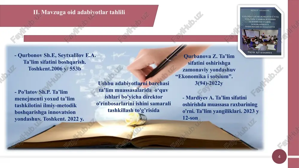 ing moddiy-texnik bazasini mustahkamlash va ilg‘or tashabbuskor xodimlarni motivatsiyalash orqali ta’limning sifat va samaradorligi oshishiga erishiladi. maktabda pullik ta’lim xizmatlari yo‘lga qo‘yildi. o‘quvchilar kasbga yo‘naltirib boriladi. 9 10 xulosa qilib shuni aytishim mumkunki, maktabda o’quv ishlari bo’yicha direktor o’rinbosari ish faoliyati samaradorligini oshirish uchun : ilg’or o’qituvchilarning ish tajribasini o’rganish, elektron platformada ommalashtirish, ularni davlat mukofotlariga tavsiya etish, yosh o’qituvchilarga metodik yordam ko’rsatish, o’qituvchilarni malaka oshirish kurslarida o’qishlarini o’z vaqtida borishlarni nazorat qilish va ta’lim sertifikatlarinin olishda imkoniyat, sharoit yaratib berish va motivatsiyalash ishlarini yo’lga qo’yish . vii. xulosa 10 11 viii. takliflar: raqobatbardosh kadr tanlash davomli monitoringlar o'tkazish ota-onalar bilan aloqa o'qituvchi kasbini moliyaviy jihatdan jozibador ko'rsatish uchun munosib ish haqi, mukofotlar va imtiyozlar bilan tanishtirish maktabda monitoring komissiyasini tuzish va yil davomida reja asosida asosiy fanlardan tizimli monitoringlar o'tkazish. testlar banki yaratish ota-onalar bilan mustaxkam aloqa o'rnatish. “e maktab tizimi”dan to'g‘ri foydalanishni va o'quv jarayonini kuzatishni yo'lga qo'yish …