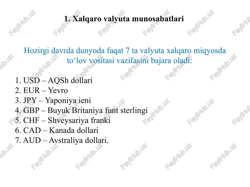 banklarning “nostro” va “vostro” vakillik munosabatlari orqali xorijiy valyutalardagi to‘lovlar amalga oshiriladi va tushumlar qabul qilinadi. 1. xalqaro valyuta munosabatlari banklararo vakillik munosabatlarining ikki turi mavjud: 1. bir tomonlama vakillik munosabatlari. 2. ikki tomonlama vakillik munosabatlari. bir tomonlama vakillik munosabatlarida har ikkala bankdan faqat bittasi “nostro” yoki “vostro” vakillik hisobraqamiga ega bo‘ladi. ikki tomonlama vakillik munosabatlarida har ikkala bank “nostro” yoki “vostro” vakillik hisobraqamiga ega bo‘ladi. 1. xalqaro valyuta munosabatlari o‘zbekiston respublikasining tijorat banklari xorijiy banklar bilan bir tomonlama vakillik munosabatlariga ega. ya'ni, respublikamiz tijorat banklari xorijiy banklarda o‘zlarining “nostro” vakillik hisobvaraqamlariga ega. ammo xorijiy banklar o‘zbekiston banklarida o‘zlarining “vostro” vakillik hisobraqamlariga ega emas. valyuta kursi – bu bir mamlakat pul birligining boshqa mamlakatlar pul birligida yoki xalqaro valyuta birliklarda ifodalangan bahosidir. valyuta kurslarining 3 ta rejimi mavjud: 1. qat'iy belgilangan kurs rejimi. 2. erkin suzish rejimi. 3. boshqariladigan suzish rejimi. valyuta kursini o‘rnatish yoki kotirovkalash qonuniy normalarga asosan va …