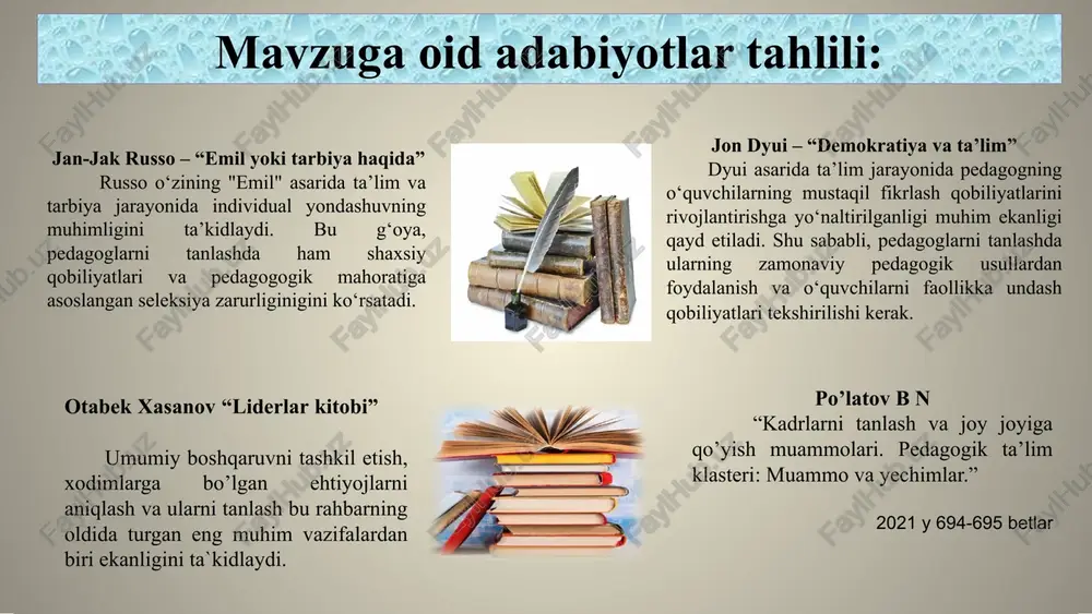 a dars o‘tish mahoratlarini tekshirish. direktor, o‘ibdo‘, mmibdo‘, kasaba uyushmasi raisi, psixolog. o‘quv yili davomida. ehtiyojlar o’z vaqtida aniqlanadi va o‘quvchilarning dars mashg‘ulotlarida uzilishlar bo‘lmaydi. chora-tadbirlar rejasi t/r muammo muammoning amalga oshirish mexanizmi mas’ullar muddati kutilayotgan natija 2 ta’limga iqtidorli, salohiyatli kadrlarni saralab olish. 1.tanlov o’tkazish vaqtini belgilash va e’lon berish. 2.test, suhbat va amaliy mashg‘ulotlarni o‘tkazish. 3.amaliy mashg‘ulotdan so‘ng o‘quvchilardan so‘rovnoma olish, natijalarni komissiyaga taqdim qilish va xulosa qilish. 4. xulosa va tahlillarni e’lon qilish. tanlov komissiya raisi va a’zolari. o‘quv yili davomida. ta’lim sifatini tubdan oshirish, kreativ fikrlay oladigan, kasbiy kompetensiyaiarga ega o‘qituvchilar yetishtirish. e’tiboringiz uchun rahmat! image1.png image2.png image3.jpeg image4.jpeg image5.jpeg image6.jpeg image7.jpeg image8.png image9.jpeg image10.png image11.png image12.jpeg image13.jpg image14.jpg image15.jpg image16.jpeg image17.jpg business and finance innovative technologies
