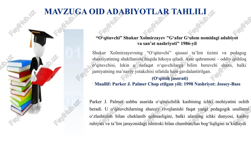 treninglar tashkil qilish, hamkorlik tizimini tuman, viloyat kesimida joriy etish. - maktab direktori - o‘quv ishlari bo‘yicha direktor o‘rinbosari - tajribali o‘qituvchilar 2024-2025 oʻquv yilining 4-chorakda - innovatsion pedagogika bo‘yicha dastlabki ko‘rsatmalar ishlab chiqiladi. 2 o‘qituvchilar orasida o‘zaro tajriba almashish yetarli darajada emasligi. o‘qituvchilarni tuman, viloyat va respublika darajasidagi malaka oshirish kurslariga jalb qilish. ilg‘or tajribalarni o‘rganish uchun boshqa maktablar bilan hamkorlik qilish. - maktab direktori - o‘quv ishlari bo‘yicha direktor o‘rinbosari - tajribali o‘qituvchilar 2024-2025 oʻquv yilining 4-chorakda - mentorlik tizimi kuchayadi. - tajriba almashish tizimi yo‘lga qo‘yiladi. 3 o‘qituvchilar orasida kasbiy motivatsiyaning pasayishi. eng yaxshi pedagog, innovatsion dars muallifi, ilg‘or metodik ishlanma kabi nominatsiyalarni joriy etish. - maktab direktori - kasaba uyushma vakillari 2024-2025 oʻquv yilining 4-chorakda - o‘qituvchilarning kasbiy motivatsiyasi oshadi. -yangi pedagogik innovatsiyalar joriy etiladi. e’tiboringiz uchun rahmat! image2.jpeg image3.png image4.png image5.jpeg image6.jpeg image7.jpeg image8.jpeg image9.png image10.png image14.png image16.svg image15.png image18.svg image11.png image12.jpeg image13.png image14.svg image16.jpeg …