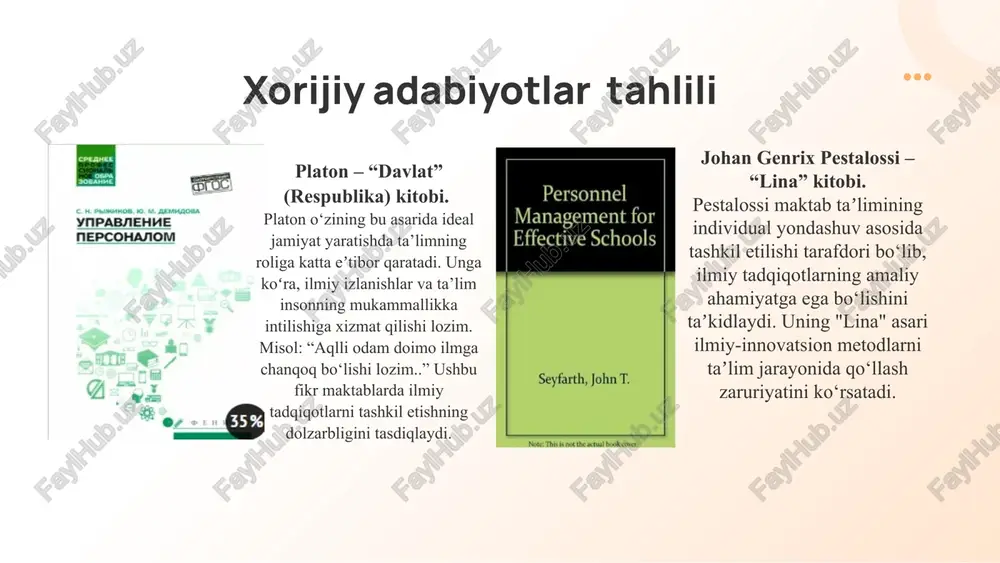 jribalarni o‘tkazish uchun jixozlash o‘quvchilarning tadqiqot ishlari uchun maxsus maktab ichki grantlarini tashkil qilish pedagoklarga ilmiy izlanish olib borish uchun rag‘bat tizimini yaratish professor-o‘qituvchilar ishtirokida seminar va treninglar o‘tkazish maktab ichida ilmiy tadqiqot natijalarini jamlash va almashish uchun veb-platforma tashkil etish t/r muammo muammoning yechimini amalga oshirish mexanizmi mas’ullar muddati natija 1 o‘quvchilar va o‘qituvchilarning ilmiy tadqiqotga qiziqishi pastligi 1. maktabda ilmiy-tadqiqot to‘garaklari tashkil qilish. 2. ilmiy loyihalar bo‘yicha tanlov va grantlar e’lon qilish maktab rahbariyati, fan o‘qituvchilari oʻquv yili boshida ilmiy tadqiqotga jalb qilingan o‘quvchilar soni oshadi 2 ilmiy tadqiqot olib borish uchun sharoit yo‘qligi 1. mini-laboratoriyalar tashkil qilish. 2. kerakli jihozlar va adabiyotlar bilan ta’minlash maktab rahbariyati, homiylar oʻquv yili davomida o‘quvchilar va o‘qituvchilar tadqiqot o‘tkazishi uchun qulay sharoit yaratiladi 3 ilmiy-tadqiqot natijalari ta’lim jarayoniga integratsiya qilinmaganligi 1. tadqiqot natijalarini darslarda qo‘llash tizimini ishlab chiqish. 2. o‘quvchilarning ilmiy ishlari bo‘yicha maxsus maktab nashrlarini chiqarish maktab rahbariyati, fan o‘qituvchilari, …