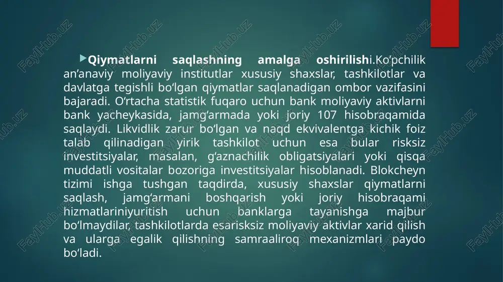 nologiyaning o‘zi tartibga solish funksiyalarini bajaradi3. endilikda esa, barchamizga ma’lum va mashhur bo’lgan kraudfanding platformalari kichik biznesning internet orqali kapitalga yo‘l topishi mumkinligini ko’rsatdi. horijiy mamlakatlarda qo’llaniladigan oculus rift va pebble watch platformalari – ushbu modelning birinchi qadamlari desak ham bo’ladi. lekin avvlagidek, qatnashchilar kapitalni to‘g‘ridan-to‘g‘ri xarid qila omlaydilar. aqshda startaplarga ko‘maklashish haqida yangi qonun maydainvestorlargabevosita kraudfanding kampaniyalari orqali mablag‘ kiritishga imkon beradi, lekin investorlar va tadbirkorlarga buning uchun avvalgidek kickstarter yoki indiegogo kabi vositachilar hamdaan’anaviy to‘lov usuli, odatda bank kartalari paypal zarur. vositachi bu ishlarning hakami hisoblanadi, jumladan, kimga nima tegishli ekanligini u hal qiladi.blokcheynda aksiyadorlashtirish (bu bir variant) ushbu konsepsiyani yanada rivojlantiradi. endi kompaniyalar «blokcheynda» moliyaviy mablag’lar to‘plashi, kompaniyaning moddiy qiymatlariga mos keladigan tokenlar yoki virtual qimmatli qog‘ozlar chiqarishi mumkin. smart-shartnomalar haqida tushuncha moliya-kredit tizimidagi o‘zgarishlar sur’ati smart-shartnomalar paydo bo‘lishiga va uning tobora ko‘proq ishlatilishiga hizmat qilmoqda. hozir ko‘pchilik kompyuter savodxonligiga ega bo‘libgina qolmasdan, yangi texnologiyalarning nozik jihatlarini …