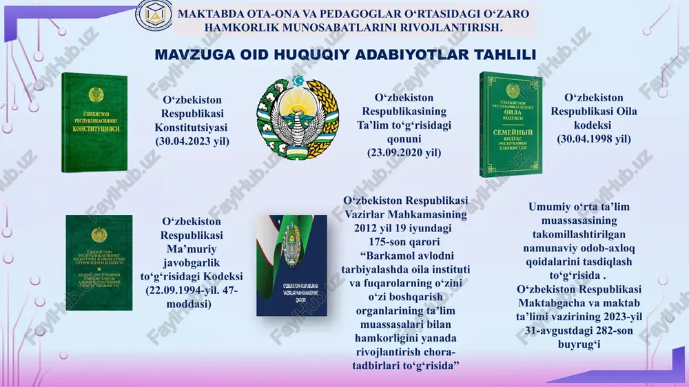 uhimligi inobatga olinadi. maktabning har bir qaror loyihasida ota-onalarning faol ishtirokini tashkil etish moliyaviy va moddiy resurslarni samarali boshqarish ota-onalar kengashi maktabning moliyaviy va moddiy resurslarini boshqarishda maslahat beradi. buyuk britaniyada school governors moliyaviy resurslarni boshqarishda bevosita ishtirok etadi. aqshda ptalar maktabga moliyaviy ko‘mak ko‘rsatish va mablag‘ yig‘ishda faol ishtirok etadi. maktabda moliyaviy va moddiy resurslarini boshqarishda ota-onalar ishtirokini ta’minlash 10 maktabda ota-ona va pedagoglar o‘rtasidagi o‘zaro hamkorlik munosabatlarini rivojlantirish. hamkorlikning muhimligi ota-onalar va pedagoglar o‘rtasidagi samarali hamkorlik ta’lim jarayonining yanada sifatli bo‘lishiga yordam beradi. xorijiy tajriba xorijiy mamlakatlardagi (aqsh, buyuk britaniya, fransiyada) tajribalar shuni ko‘rsatadiki, ota-onalar va pedagoglar o‘rtasidagi hamkorlik maktabning umumiy samaradorligini oshiradi. maktab boshqaruvida ota-onalar va pedagoglar o‘rtasidagi samarali hamkorlik munosabatlarini rivojlantirish orqali ta’lim tizimini yanada sifatli va samarali qilish mumkin. bu esa o‘z navbatida o‘quvchilarning muvaffaqiyatli ta'lim olishiga, ularning har tomonlama rivojlanishiga xizmat qiladi. amaliy tavsiyalar ota-onalar va pedagoglar o‘rtasida muntazam uchrashuvlar, elektron pochta va mobil …