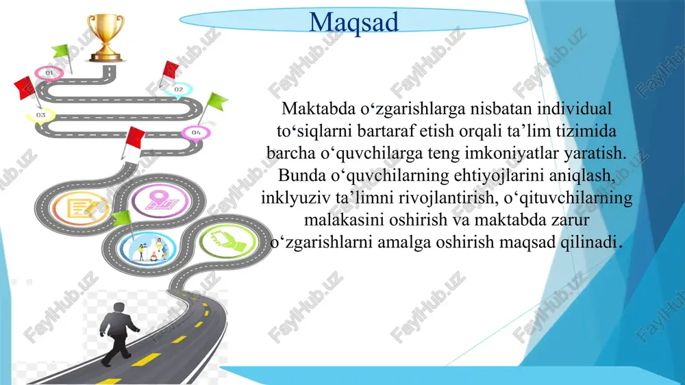 vchilarning rivojlanishiga to‘sqinlik qilishi, o‘zlashtirishda qiynalayotgan o‘quvchilarning orqada qolishi va ularning ta'limdagi motivatsiyasining pasayishiga olib keladi. individual o‘quv rejalari: har bir o‘quvchi uchun o‘ziga xos o‘quv rejalari tuziladi. bu reja o‘quvchining qobiliyati va ehtiyojlariga mos ravishda oddiy yoki murakkab topshiriqlarni o‘z ichiga oladi. formativ baholash: o‘quvchilarning darslarda o‘zlashtirishini doimiy ravishda nazorat qilish, formativ baholash tizimini joriy etish. bu orqali o‘quvchilarning rivojlanish dinamikasi kuzatilib, kerakli tuzatishlar kiritiladi. maktab direktori, o‘ibdo‘ va fan o‘qituvchilari o‘quv yili davomida har bir o‘quvchi o‘z darajasiga mos tarzda rivojlanadi, o‘zlashtirishda qiynalayotgan o‘quvchilar ko‘mak va qo‘llab-quvvatlash oladi. orqada qolgan o‘quvchilarni qo‘llab-quvvatlash va qobiliyatli o‘quvchilarni yanada rivojlantirish orqali o‘quvchilarning umumiy motivatsiyasi oshadi. 2. maktablarda psixologik yordam va mentorlik tizimining yetarli darajada rivojlanmaganligi: o‘quvchilarning ruhiy holatini nazorat qilishda qiyinchiliklar, ijtimoiy va psixologik muammolarni hal etishda kechikish, o‘quvchilarning motivatsiyasining pasayishi va ta'limga bo‘lgan qiziqishining kamayishi. psixologik xizmatlarni tashkil etish: maktablarda har bir sinfda psixologlar va mas’ul mentorlarni tayinlash. mentorlik tizimini …