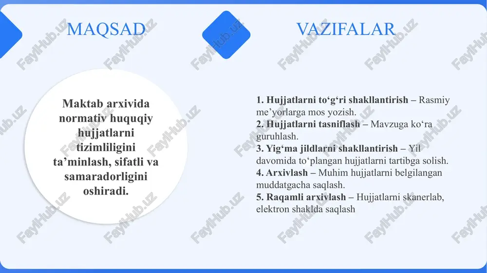 arini o‘rgangan holda maxsus milliy platformalar yaratiladi. shu platformalar asosida xxi asrda qulayliklar olib keladi 2 maktab arxiv normativ huquqiy xujjatlarni saqlashda elektron tizimni joriy qilish. maktab arxiv normativ huquqiy xujjatlarni saqlashda texnalogik tizim, raqamlashtirish, xafsizlik, xodimlarni o‘qitish tizimini joriy qilish maktab rahbarlari, kadrlar bo‘yicha menejer. o‘quv yili davomida maktab arxiv normativ huquqiy xujjatlarni saqlashda elektron tizimni joriy qilishda xxi asr ko‘nikmalarini shakllanadi, xodimlarning mehnat samaradorligi yingillashadi. e’tiboringiz uchun rahmat! image4.jpeg image5.png image6.png image7.jpeg image8.jpeg image9.jpeg image10.jpeg image11.jpeg image12.jpeg image13.jpeg image14.jpeg image15.png image16.jpeg image1.png image17.jpeg /docprops/thumbnail.jpeg