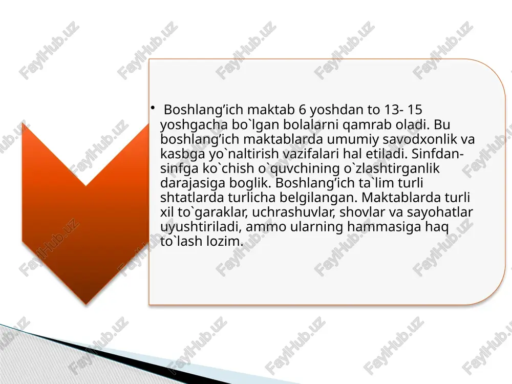 a oshiradi. o’zbeklar ham o’z ona-tilini, urf-odatlarini dinini o’z farzanlariga singdirishga astoydil intiladilar. o’zbek bolalari o’am markaziy osiyoda o’z mamlakatlari borligini biladilar, g’oyibona intiladilar, u haqda ko’p narsalarni ko’rish, eshitish, o’qishni istaydilar. o’zbekistonga kelish har bir amerikalik o’zbeklarning muqaddas orzusidir. besh yoshli bolalar bilan olib boriladigan mashg’ulotlarning asosini ularni maktabga tayyorlash tashkil etadi. olti yoshli bog’sha guruhlarida bo’lsalarda, lekin bu guruhlardagi ta`lim boshlang’ish sinfdagi ta`limga yaqin turib, amalda uning dastlabki bosqishi hisoblanadi. maktabgasha tarbiya muassasalarning ta`lim dasturi ko’p jihatdan ota onlar bilan hamkorlikda ish olib borishga mo’ljalangan, u pirovard natijada bolalarni boshlang’ish maktablarga puxta tayyorlab berishga xizmat qilishi kerak. boshlang’ish maktab boshlang’ish maktablarning asosiy vazifasi 6 yoshdan 15 yoshgasha bo’lgan bolalarga tulaqonli bilim, ta`lim berish ularning umuminsoniy, axloqiy xislatlariga ega bo’lib shaklanishi ta`minlashdan iboratdir. boshlang’ish sinflarda o’qitiladigan o’quv predmetlari va dasturlari bolalarning yoshi, muhitiga moslashgan bo’lib, ular o’quvshilarning umumiy savodxonligini ta`minlab berishdan tashqari ma`lum darajada kasb yo’nalishiga ham ega qiladi. …